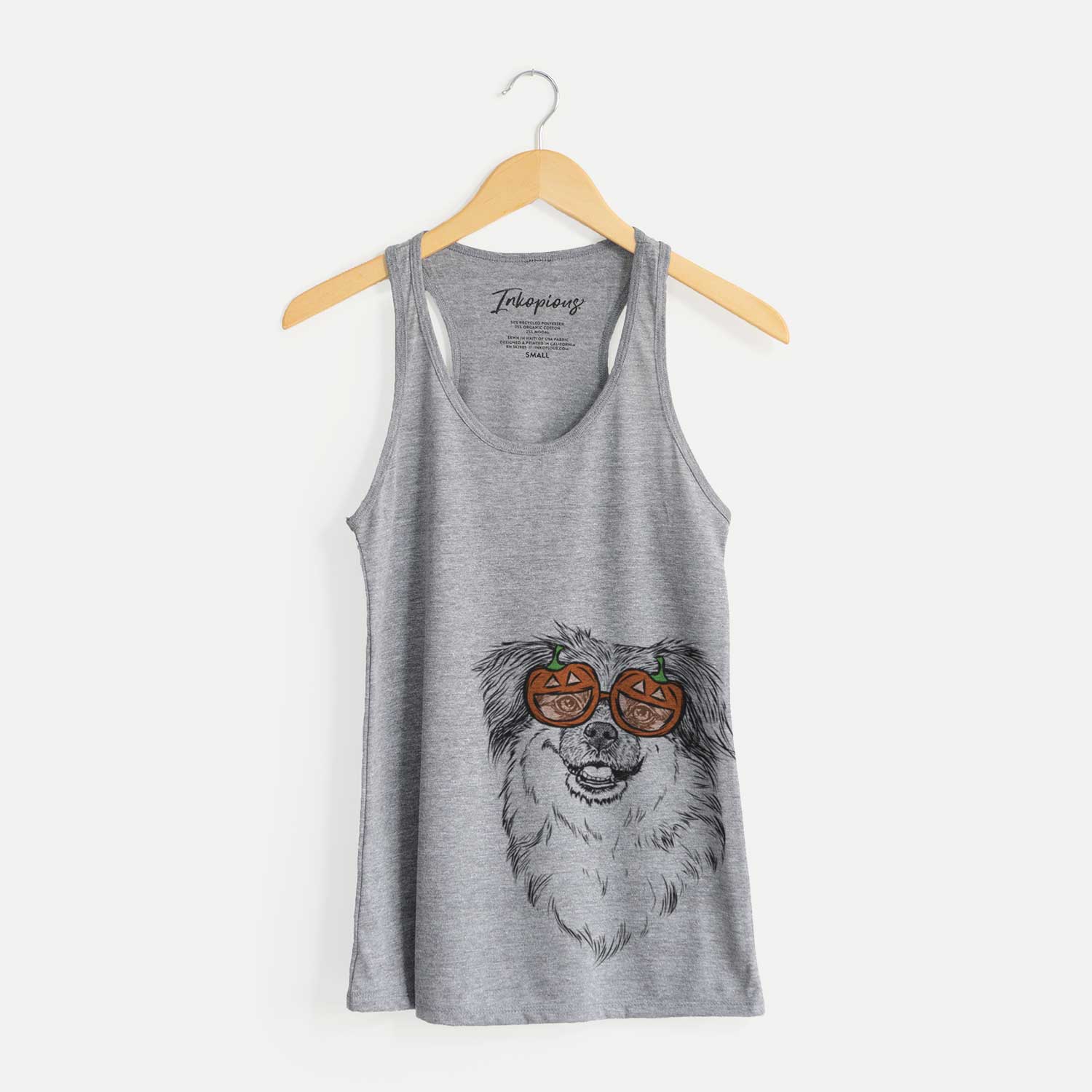 Hand-drawn sketch of Ed the Tibetan Spaniel wearing pumpkin glasses on a Grey pumpkin collection