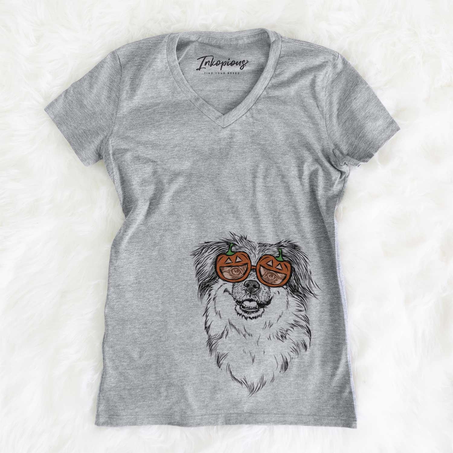 Hand-drawn sketch of Ed the Tibetan Spaniel wearing pumpkin glasses on a Grey pumpkin collection