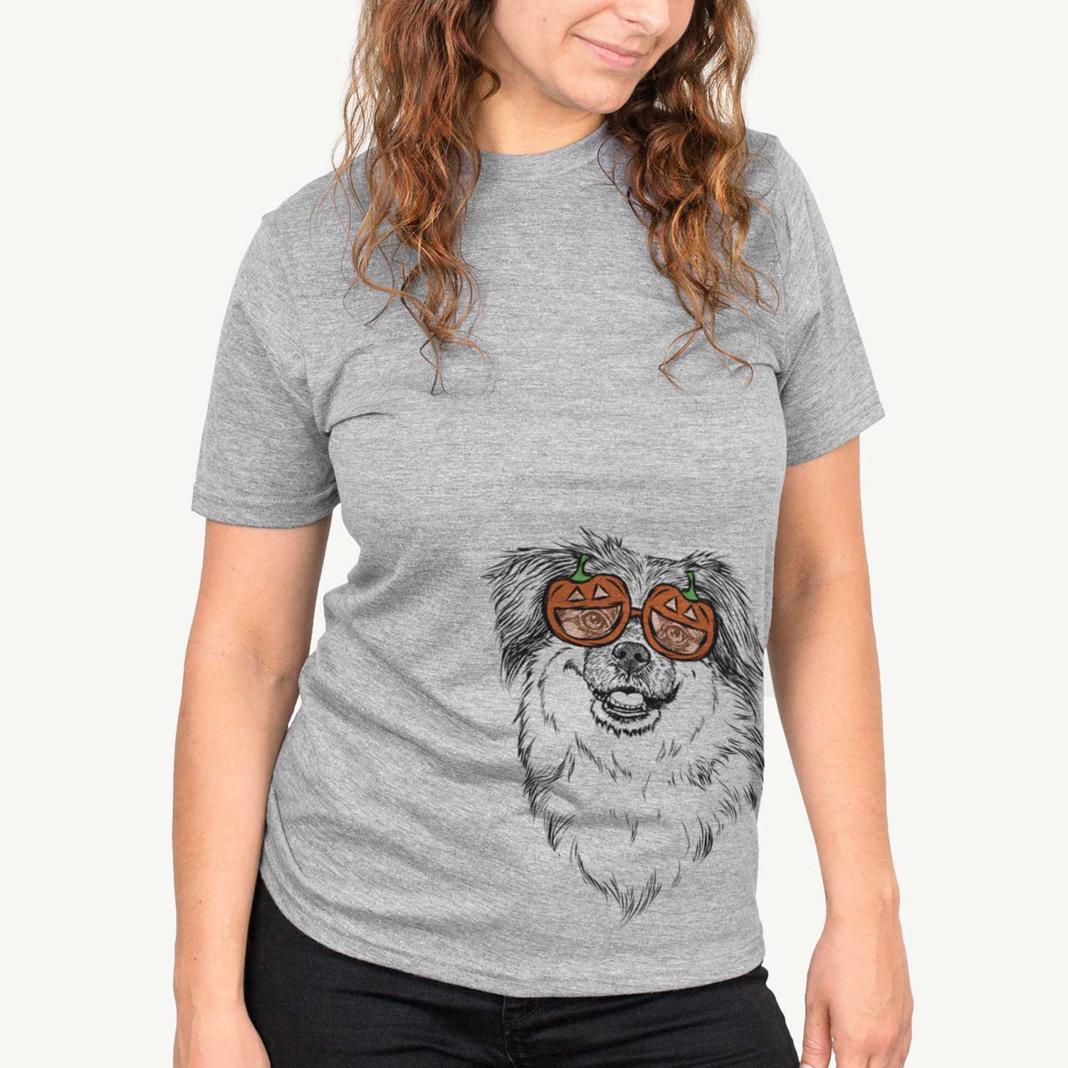 Hand-drawn sketch of Ed the Tibetan Spaniel wearing pumpkin glasses on a Grey pumpkin collection