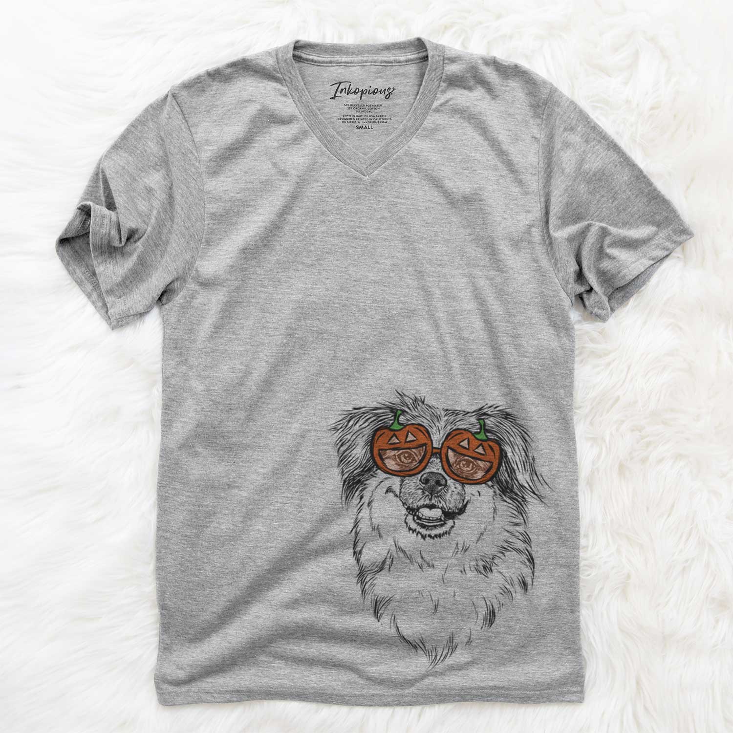 Hand-drawn sketch of Ed the Tibetan Spaniel wearing pumpkin glasses on a Grey pumpkin collection