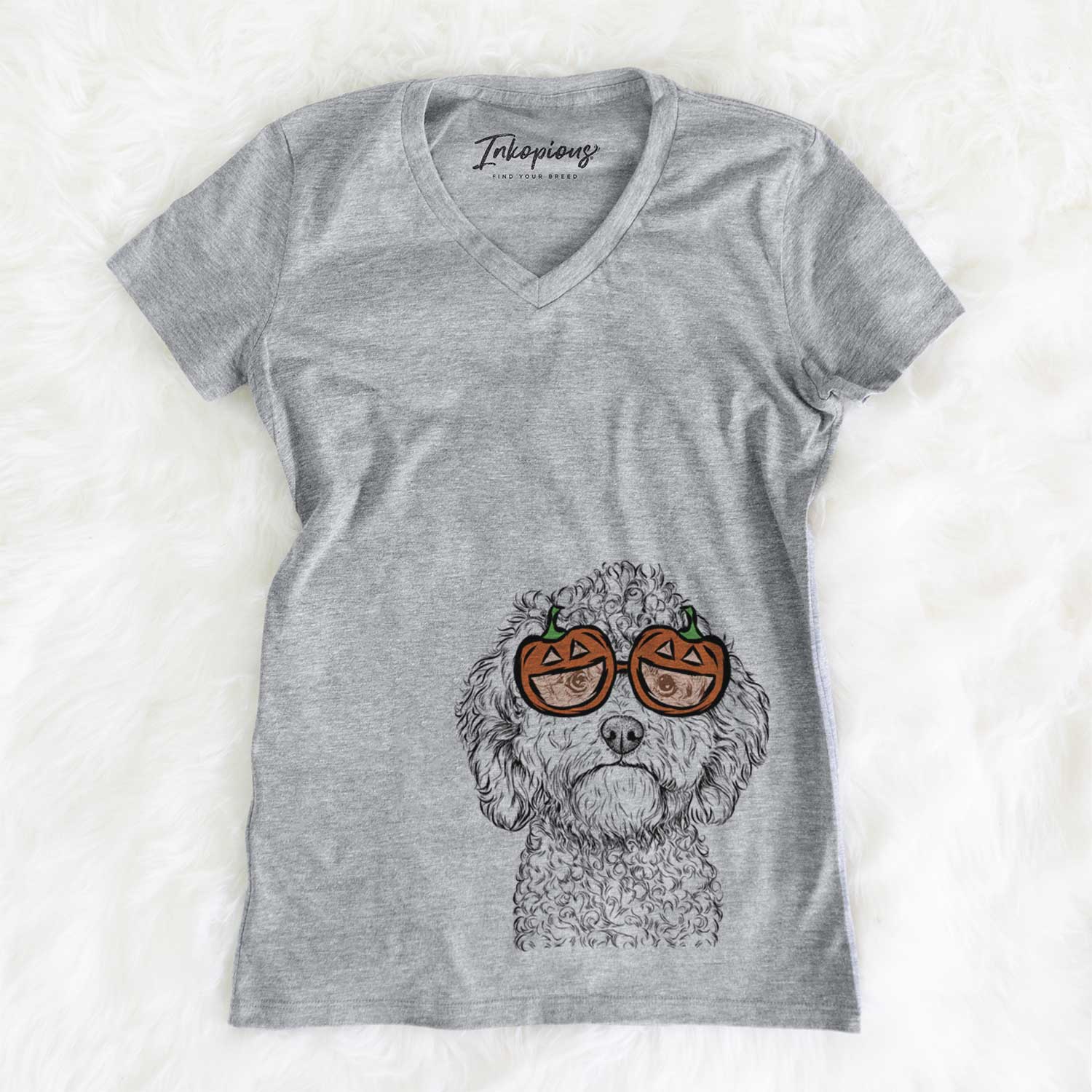 Hand-drawn sketch of Edgar the Shihpoo wearing pumpkin glasses on a Grey pumpkin collection