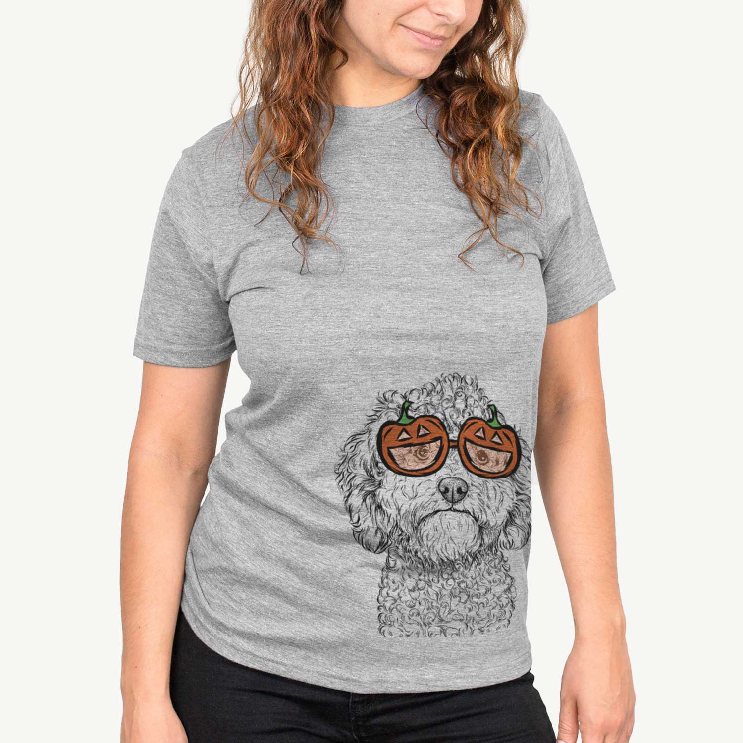 Hand-drawn sketch of Edgar the Shihpoo wearing pumpkin glasses on a Grey pumpkin collection