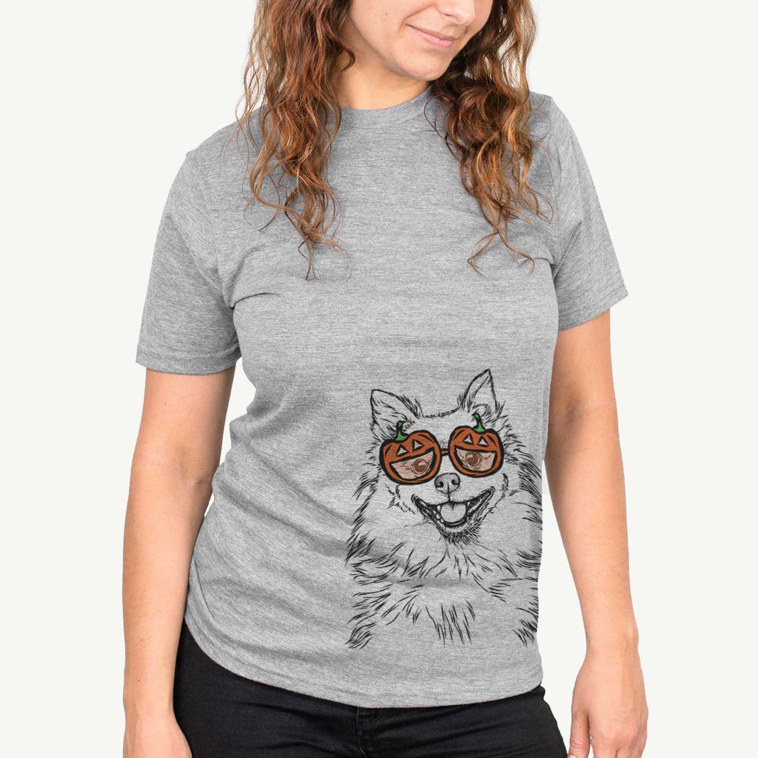 Hand-drawn sketch of Fibi the Spitz wearing pumpkin glasses on a Grey pumpkin collection