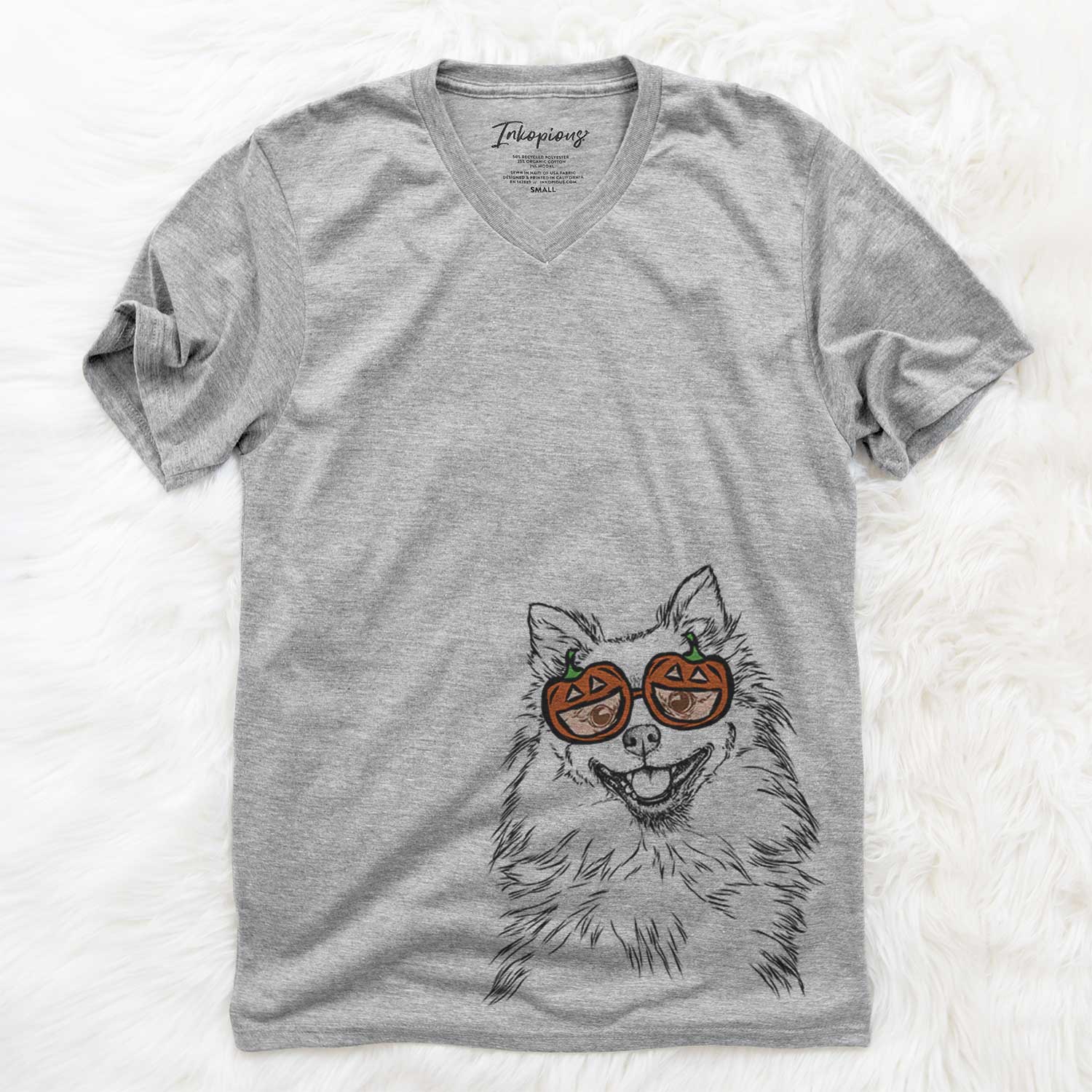 Hand-drawn sketch of Fibi the Spitz wearing pumpkin glasses on a Grey pumpkin collection