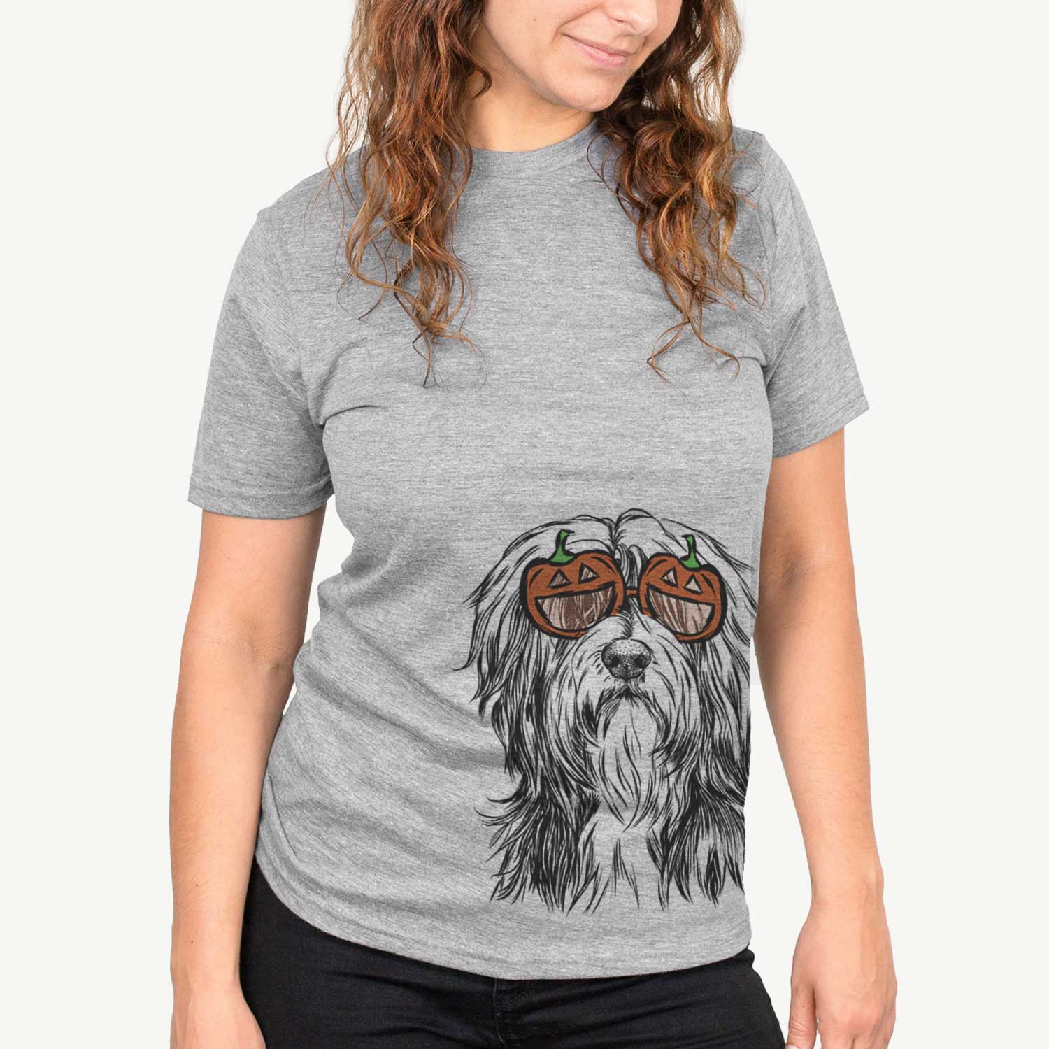 Hand-drawn sketch of Fiji the Polish Lowland Sheepdog wearing pumpkin glasses on a Grey pumpkin collection