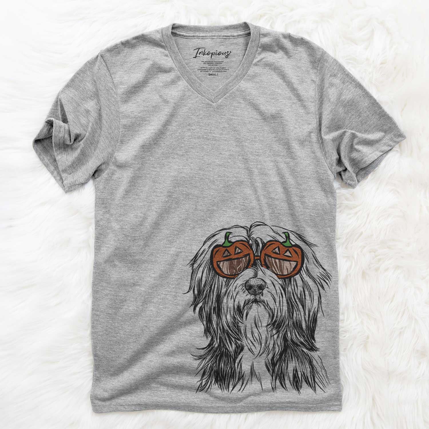 Hand-drawn sketch of Fiji the Polish Lowland Sheepdog wearing pumpkin glasses on a Grey pumpkin collection