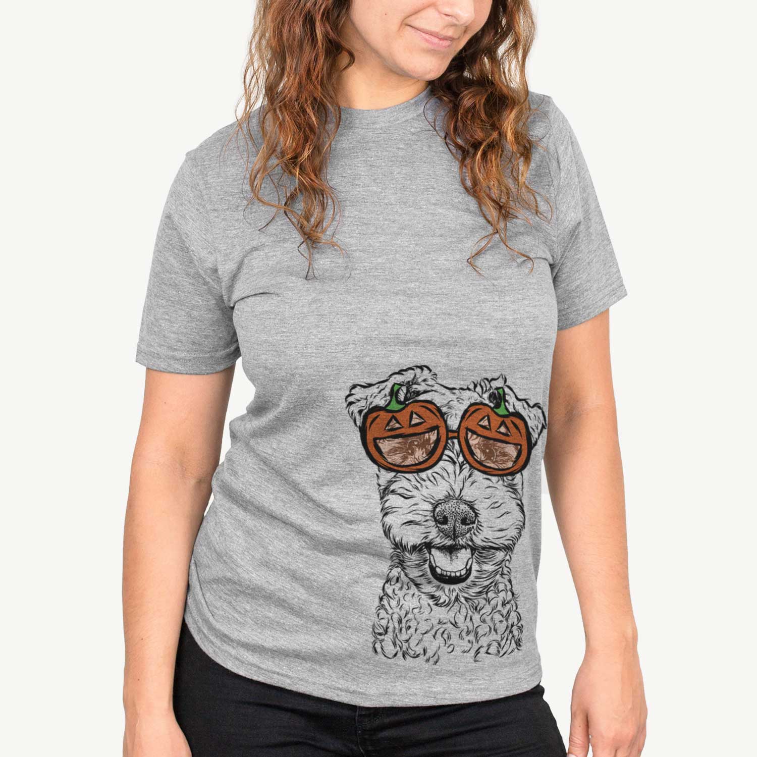 Hand-drawn sketch of Fintan the Irish Troodle wearing pumpkin glasses on a Grey pumpkin collection
