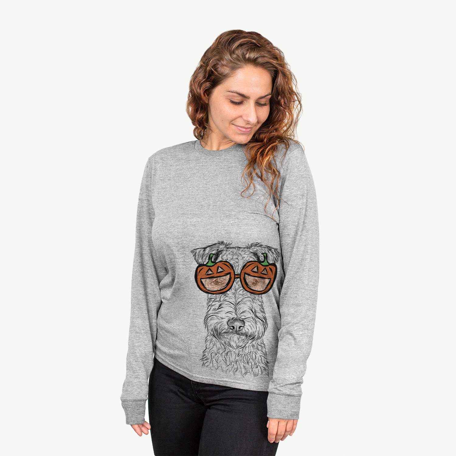 Hand-drawn sketch of Frida the Lakeland Terrier wearing pumpkin glasses on a Grey pumpkin collection