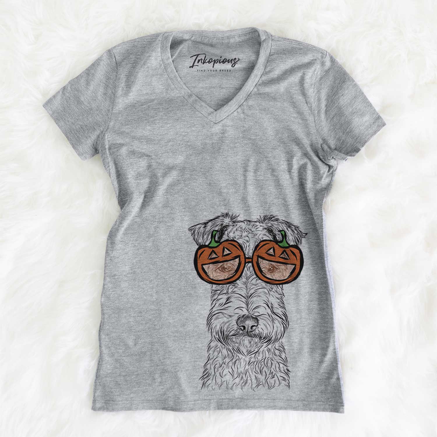 Hand-drawn sketch of Frida the Lakeland Terrier wearing pumpkin glasses on a Grey pumpkin collection