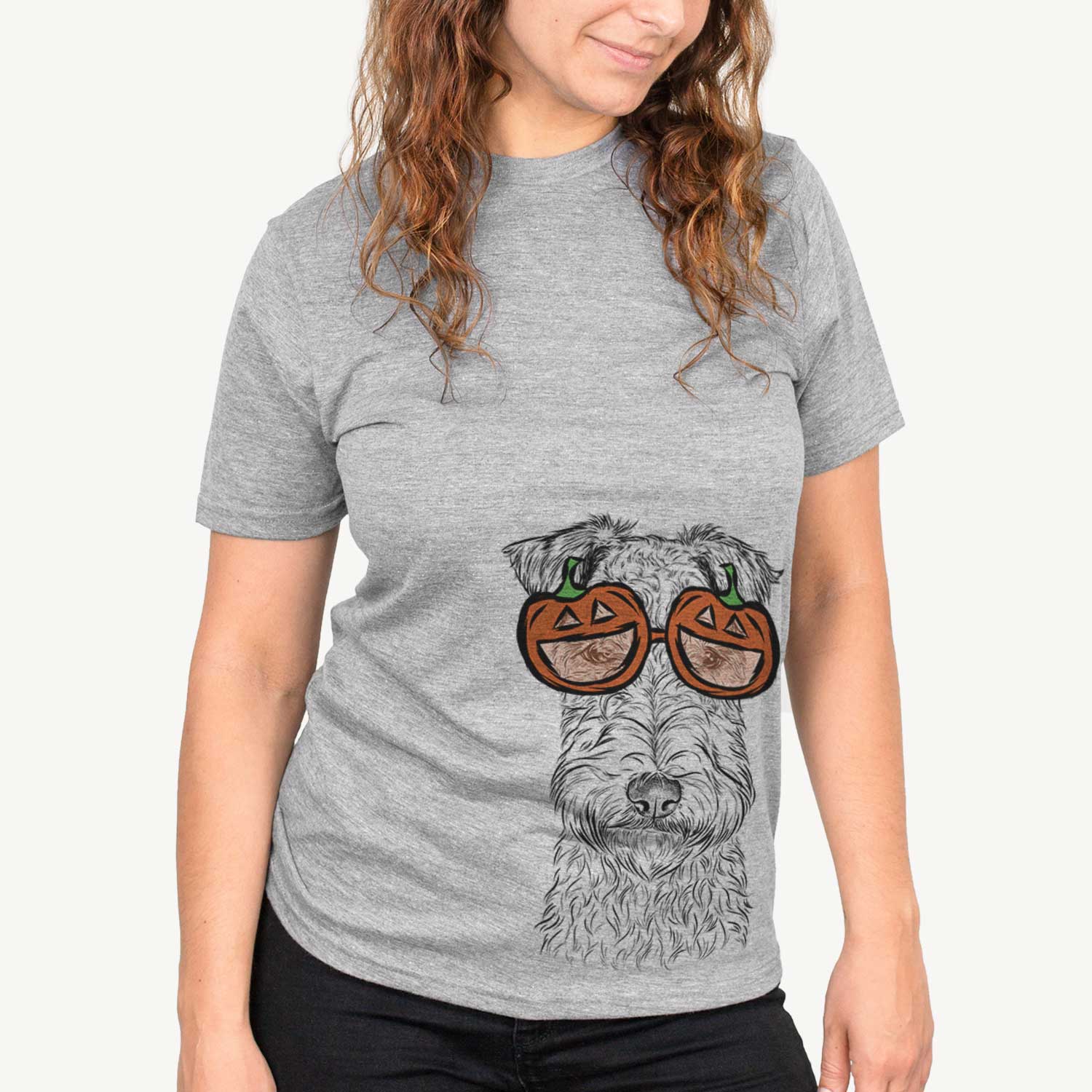 Hand-drawn sketch of Frida the Lakeland Terrier wearing pumpkin glasses on a Grey pumpkin collection