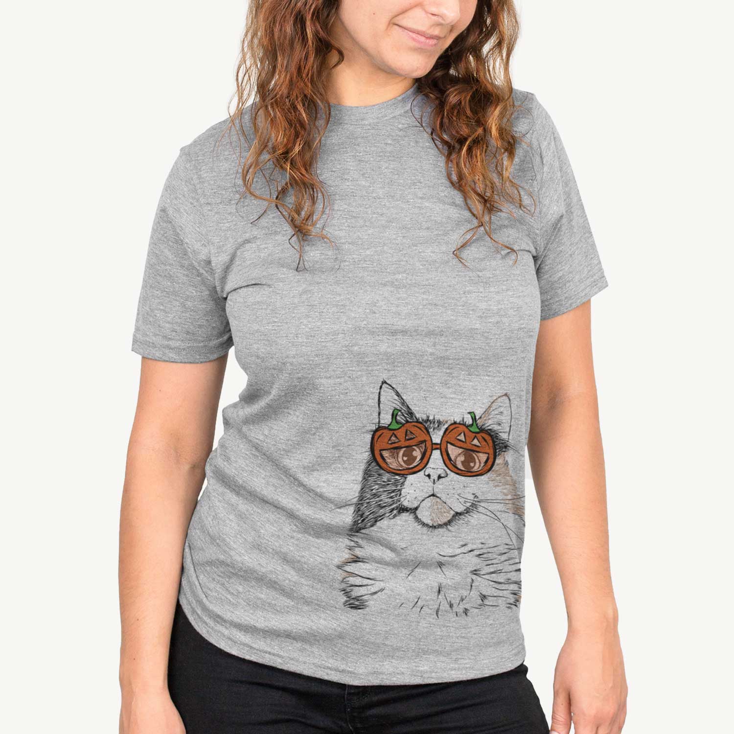 Hand-drawn sketch of Greta the Calico Cat wearing pumpkin glasses on a Grey pumpkin collection