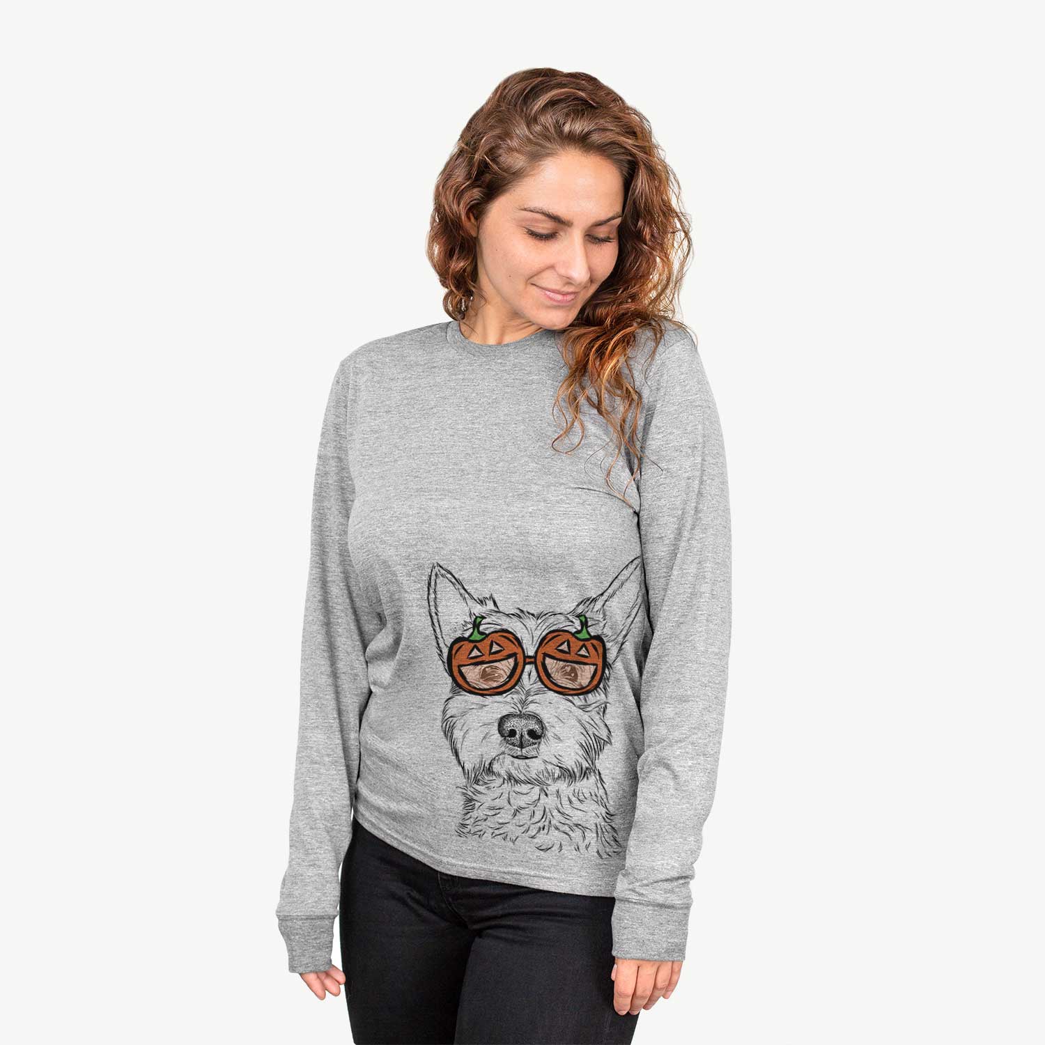 Hand-drawn sketch of Grizel the West Highland Terrier wearing pumpkin glasses on a Grey pumpkin collection