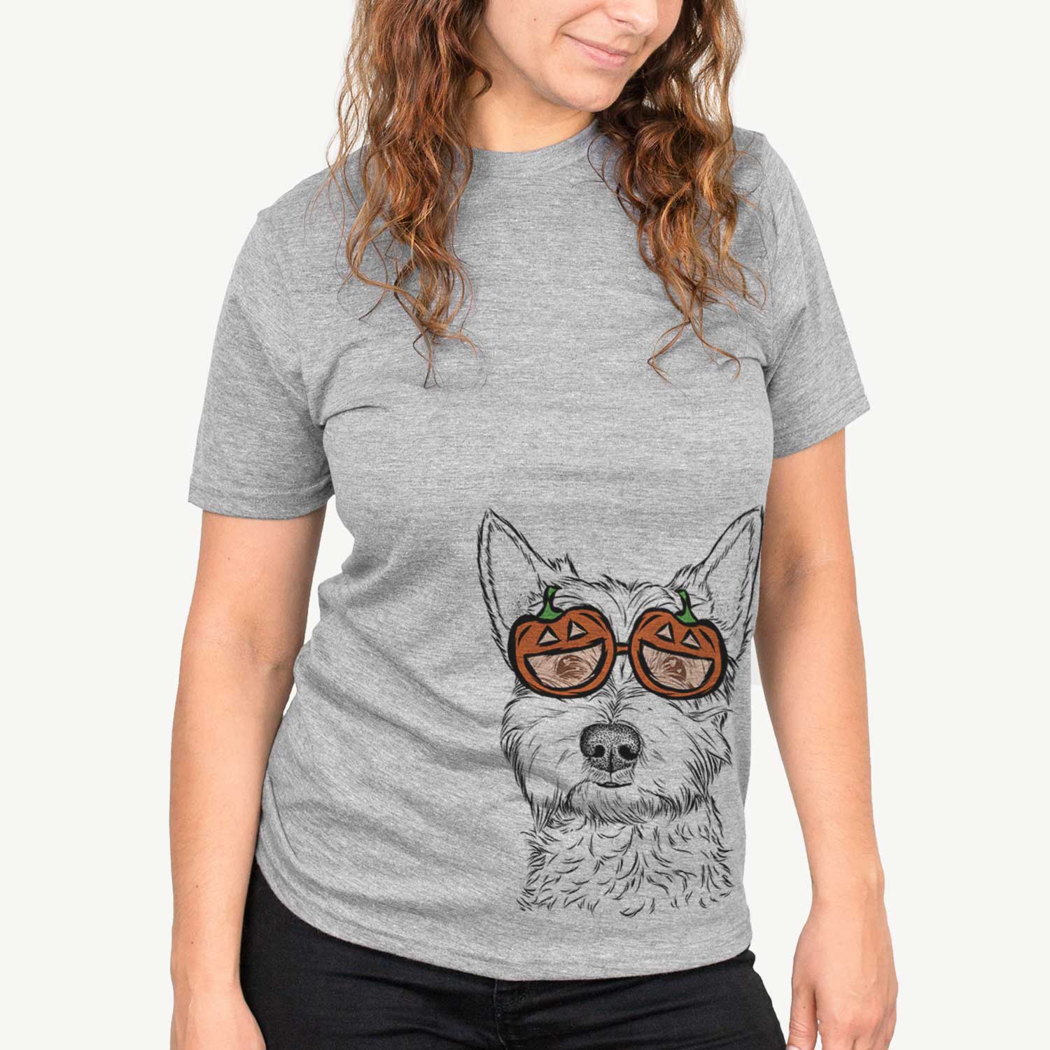 Hand-drawn sketch of Grizel the West Highland Terrier wearing pumpkin glasses on a Grey pumpkin collection