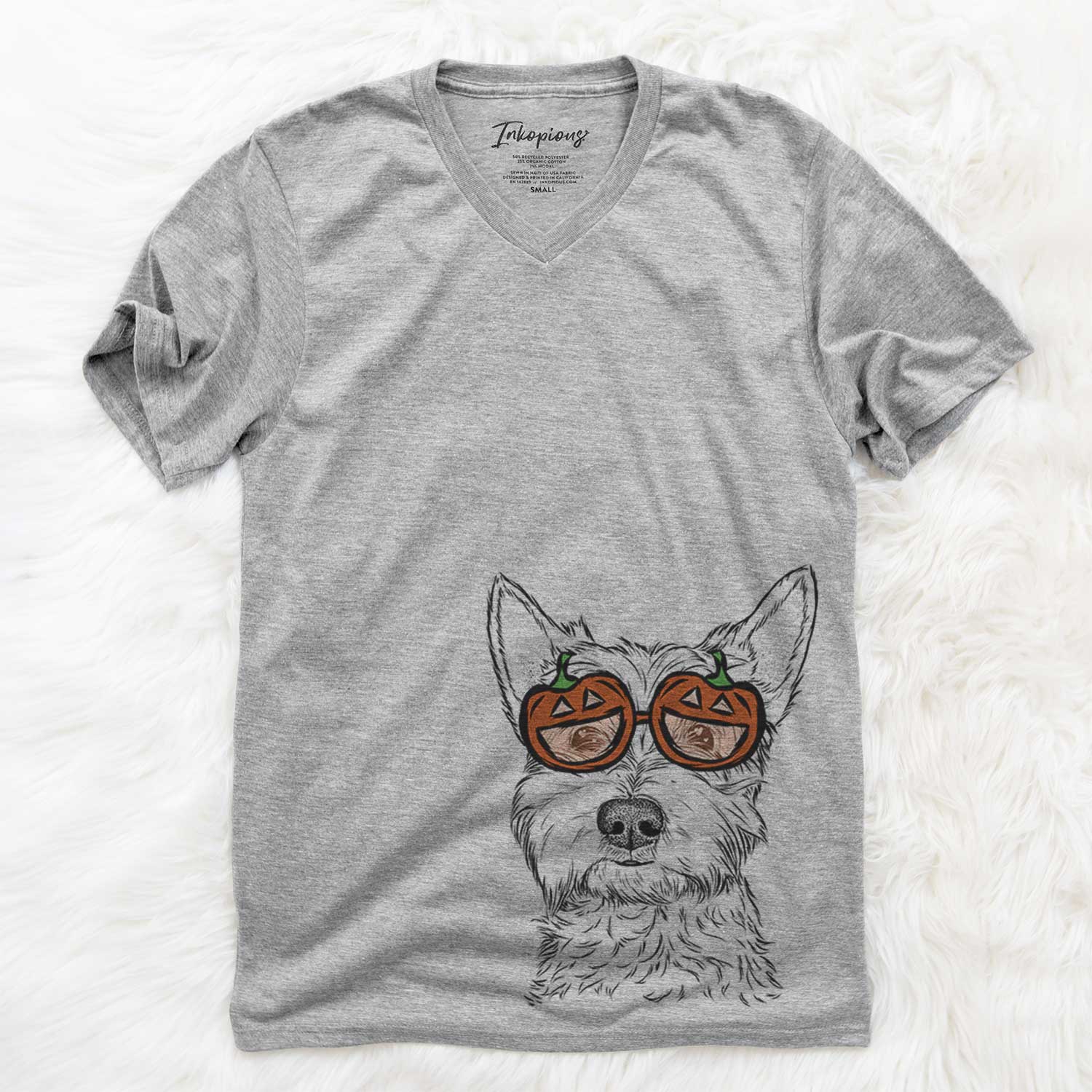 Hand-drawn sketch of Grizel the West Highland Terrier wearing pumpkin glasses on a Grey pumpkin collection