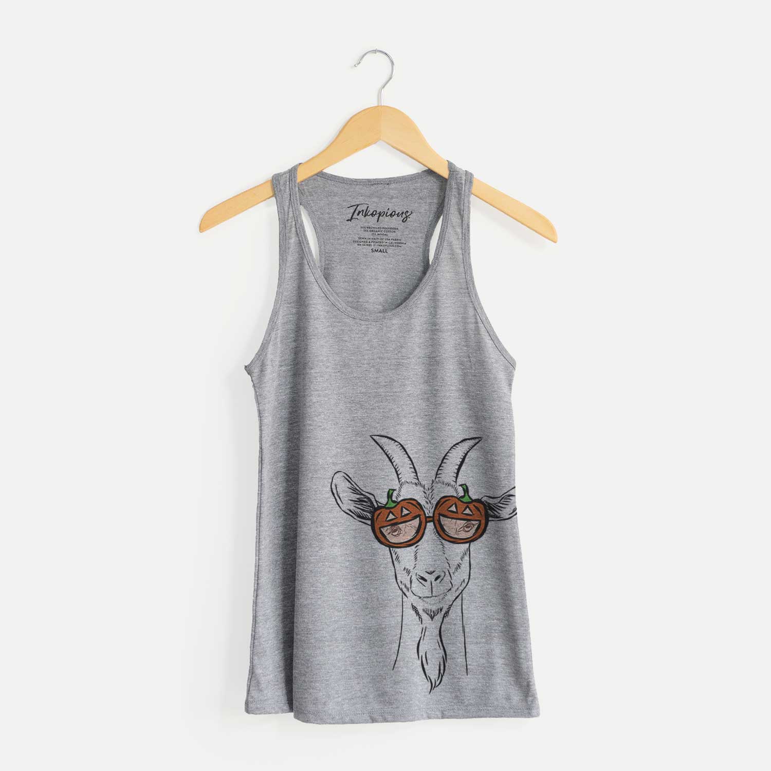 Hand-drawn sketch of Gunnar the Goat wearing pumpkin glasses on a Grey pumpkin collection