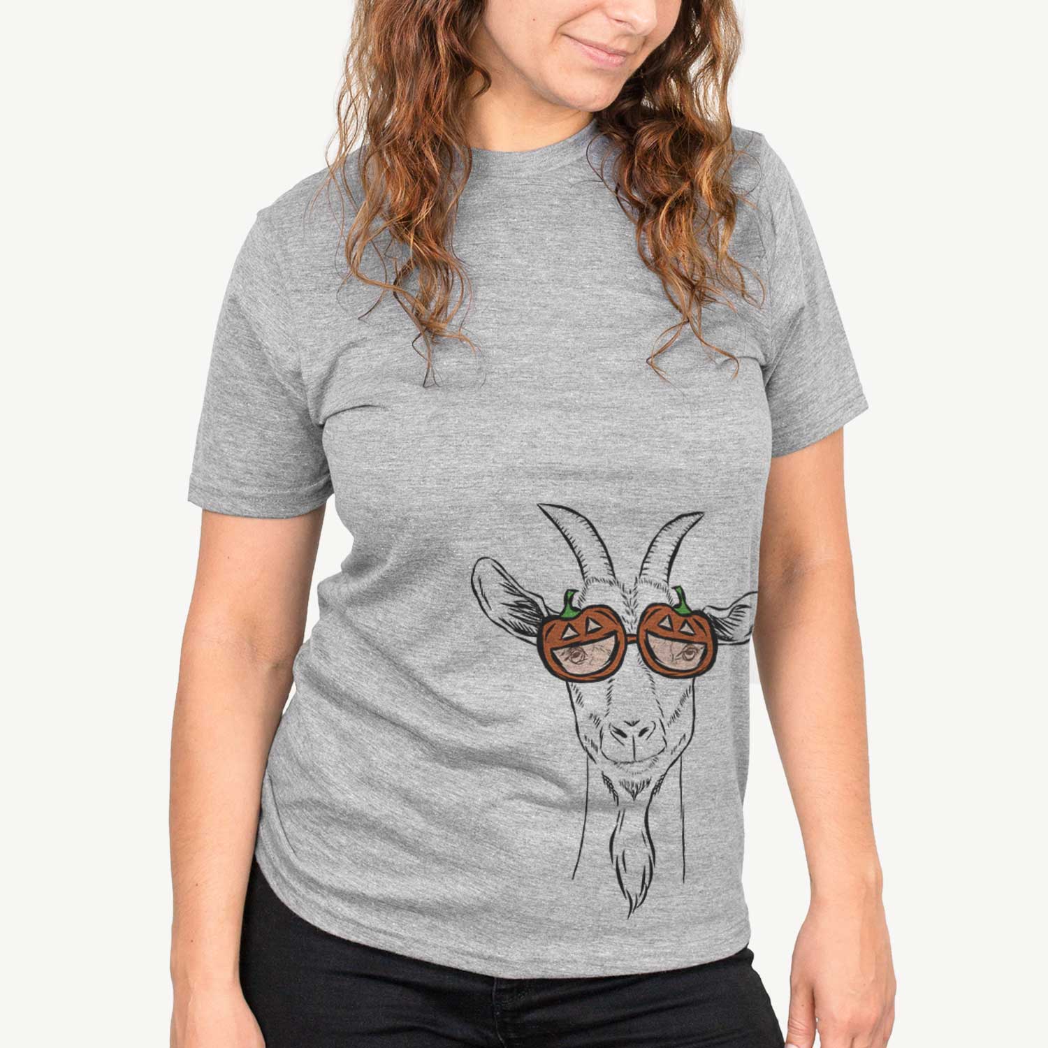 Hand-drawn sketch of Gunnar the Goat wearing pumpkin glasses on a Grey pumpkin collection