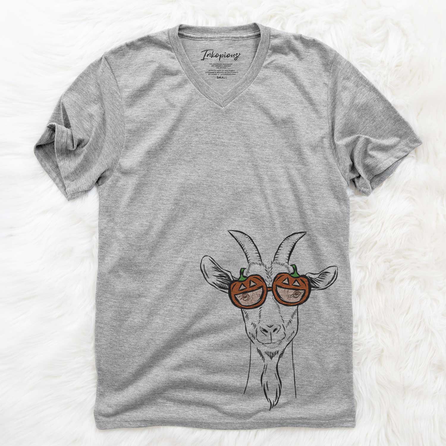 Hand-drawn sketch of Gunnar the Goat wearing pumpkin glasses on a Grey pumpkin collection