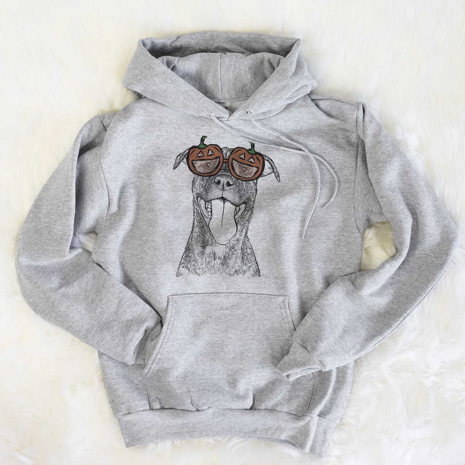 Hand-drawn sketch of Harley the Pitbull Mix wearing pumpkin glasses on a Grey pumpkin collection, flat lay