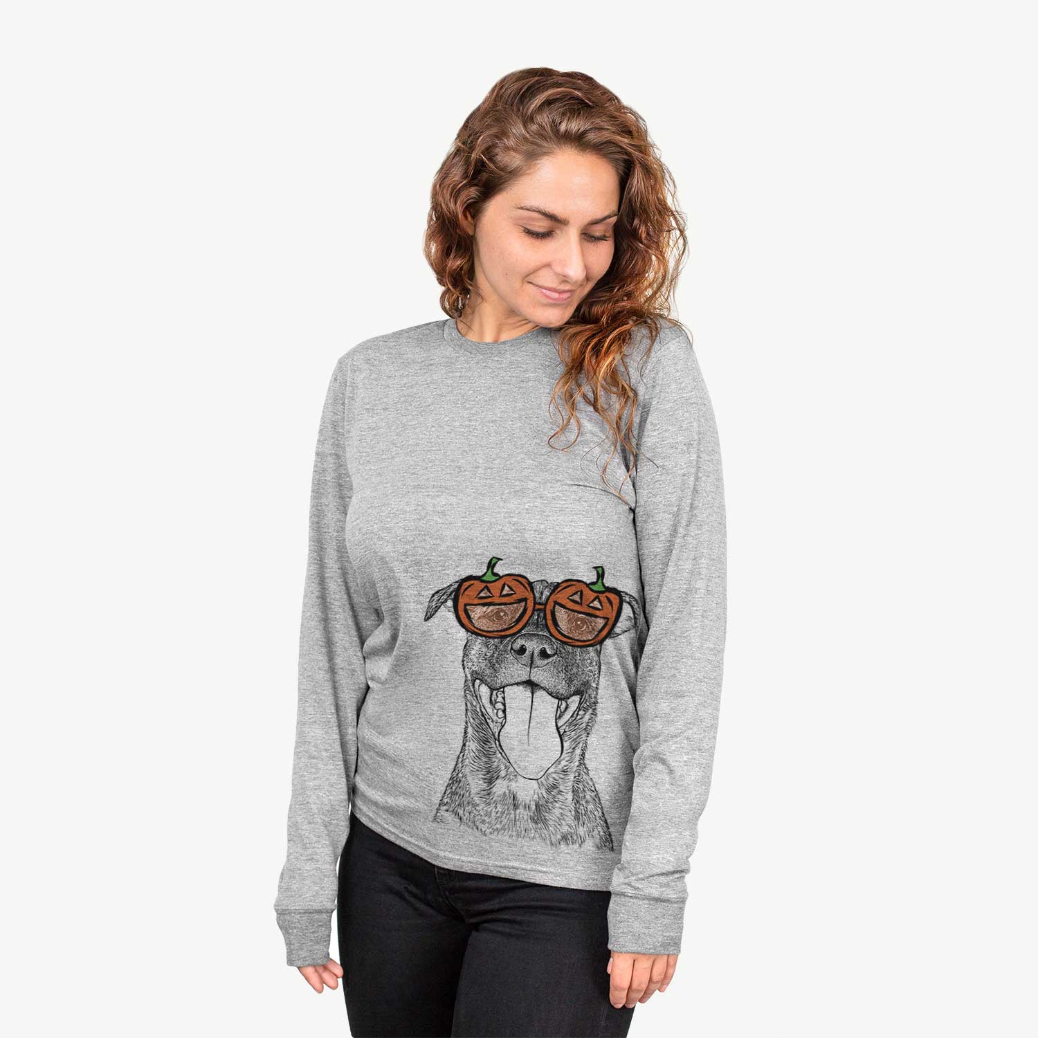 Hand-drawn sketch of Harley the Pitbull Mix wearing pumpkin glasses on a Grey pumpkin collection