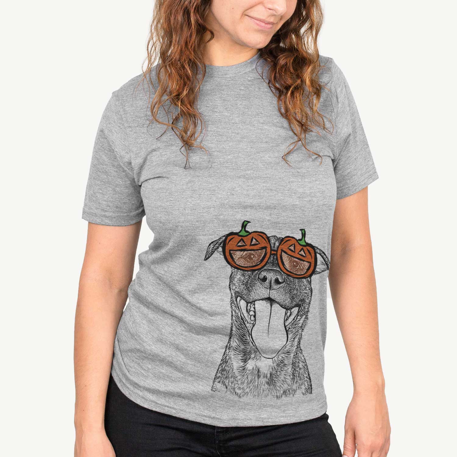 Hand-drawn sketch of Harley the Pitbull Mix wearing pumpkin glasses on a Grey pumpkin collection
