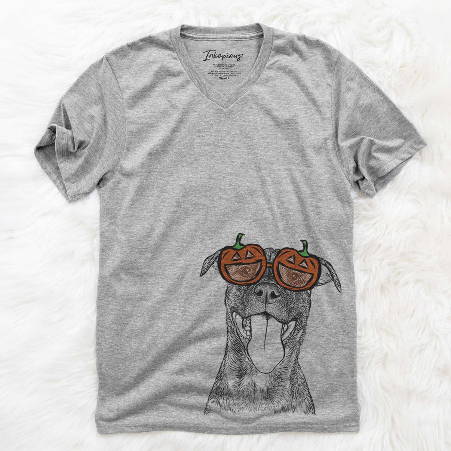 Hand-drawn sketch of Harley the Pitbull Mix wearing pumpkin glasses on a Grey pumpkin collection