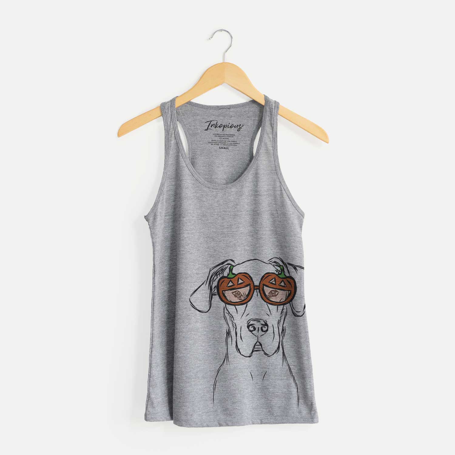 Hand-drawn sketch of Harvey the Great Dane wearing pumpkin glasses on a Grey pumpkin collection