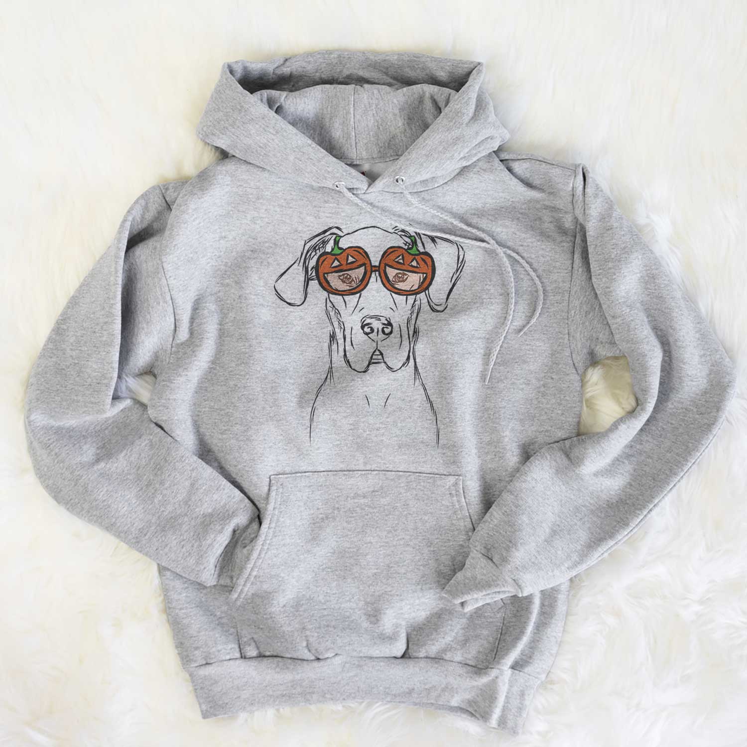 Hand-drawn sketch of Harvey the Great Dane wearing pumpkin glasses on a Grey pumpkin collection, flat lay