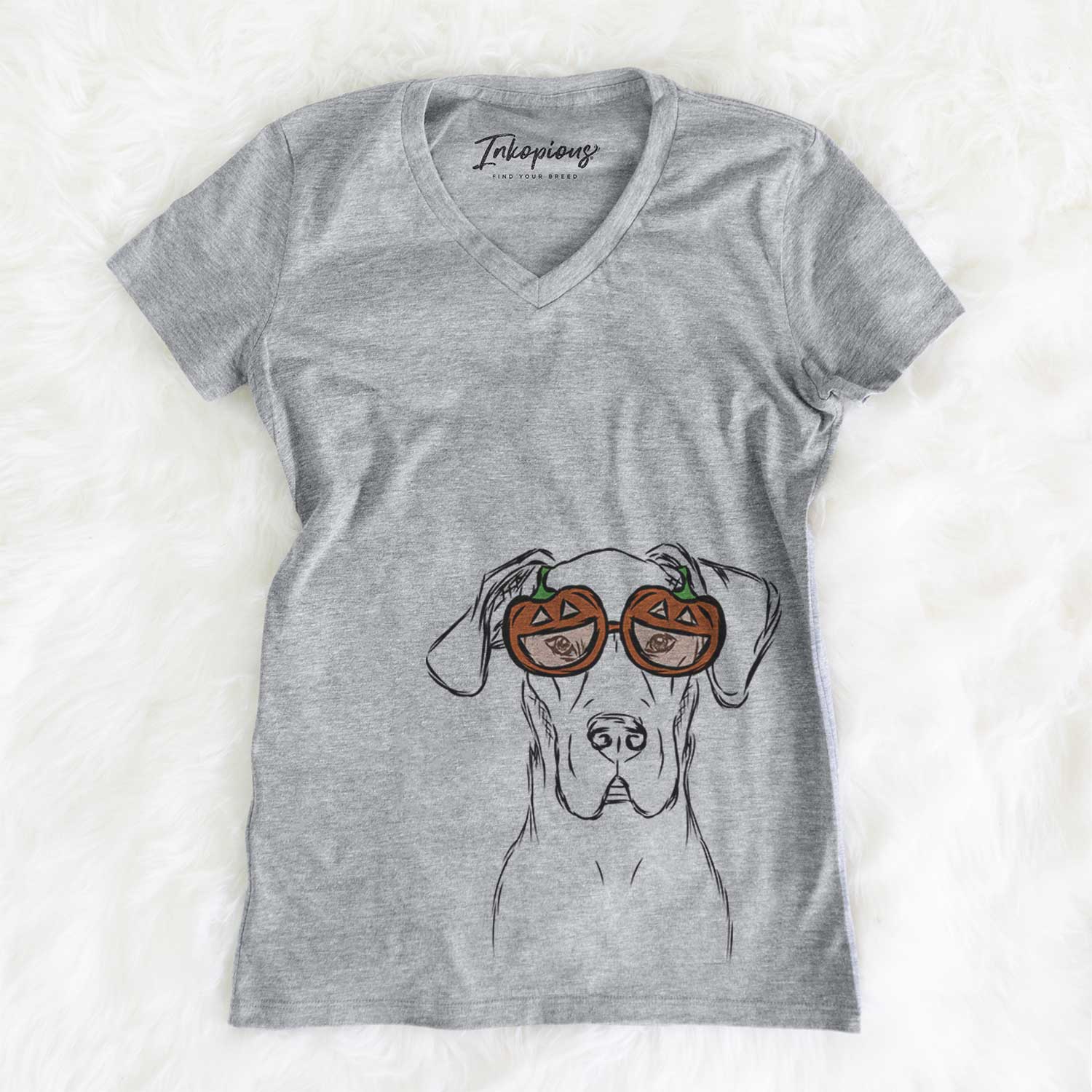 Hand-drawn sketch of Harvey the Great Dane wearing pumpkin glasses on a Grey pumpkin collection