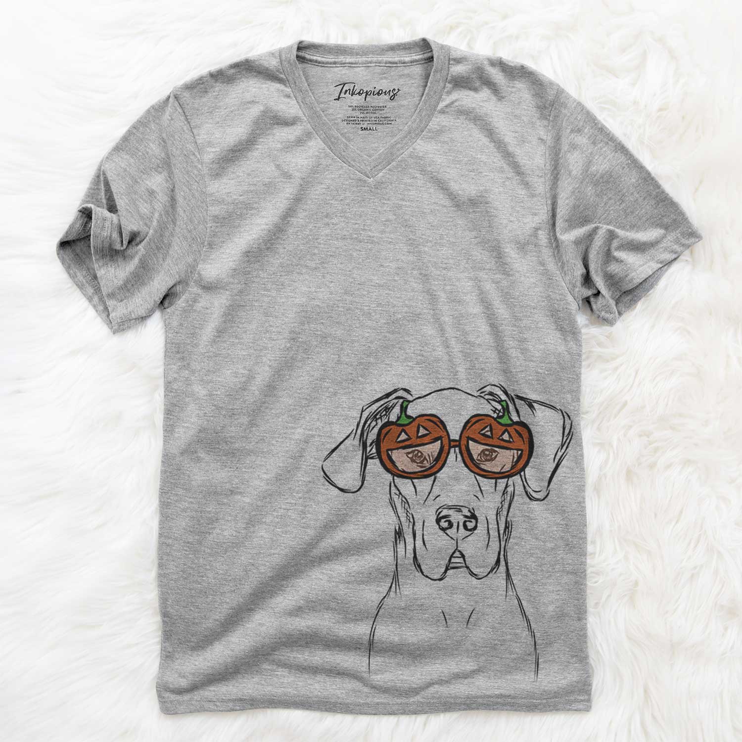 Hand-drawn sketch of Harvey the Great Dane wearing pumpkin glasses on a Grey pumpkin collection