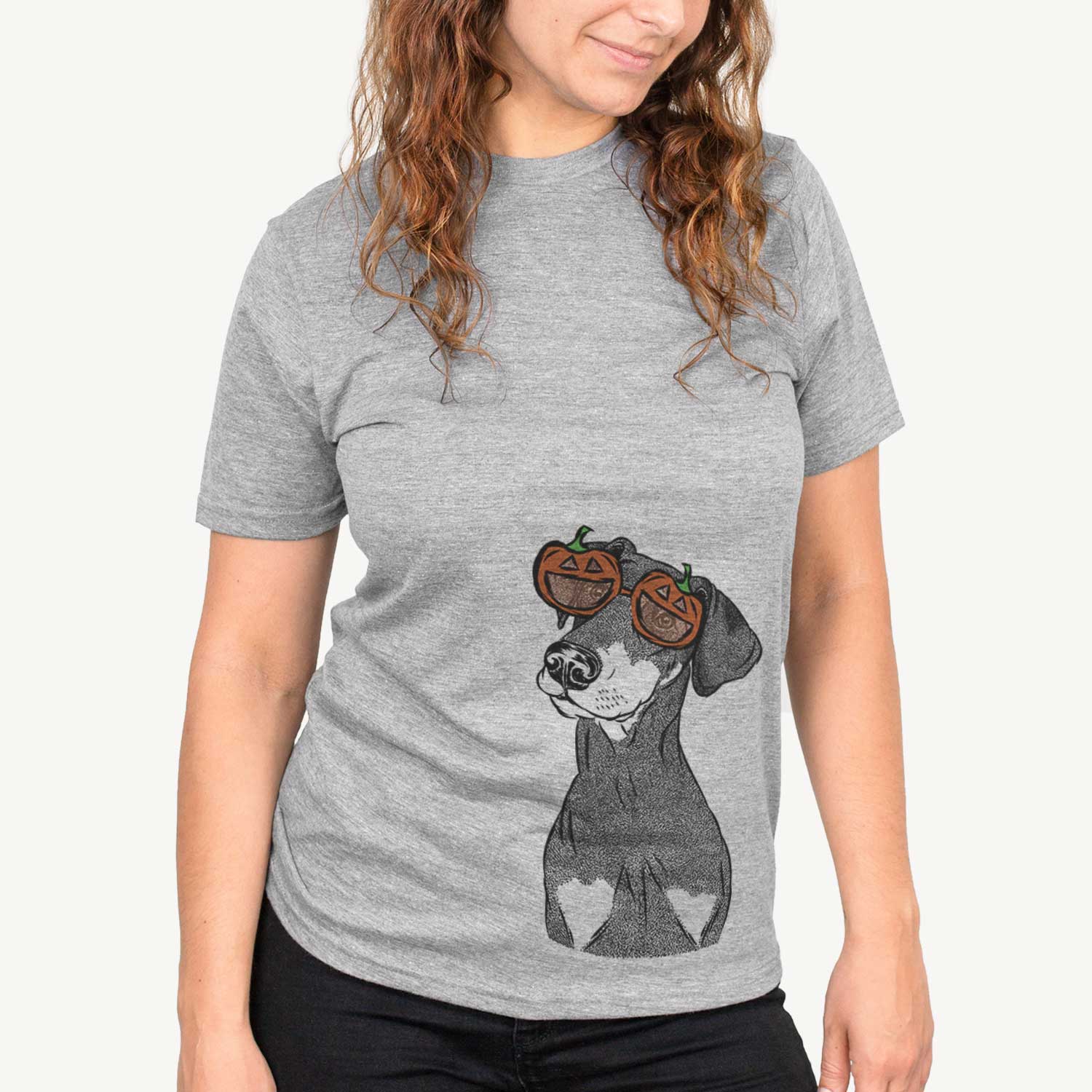 Hand-drawn sketch of Iroh the Doberman Pinscher wearing pumpkin glasses on a Grey pumpkin collection