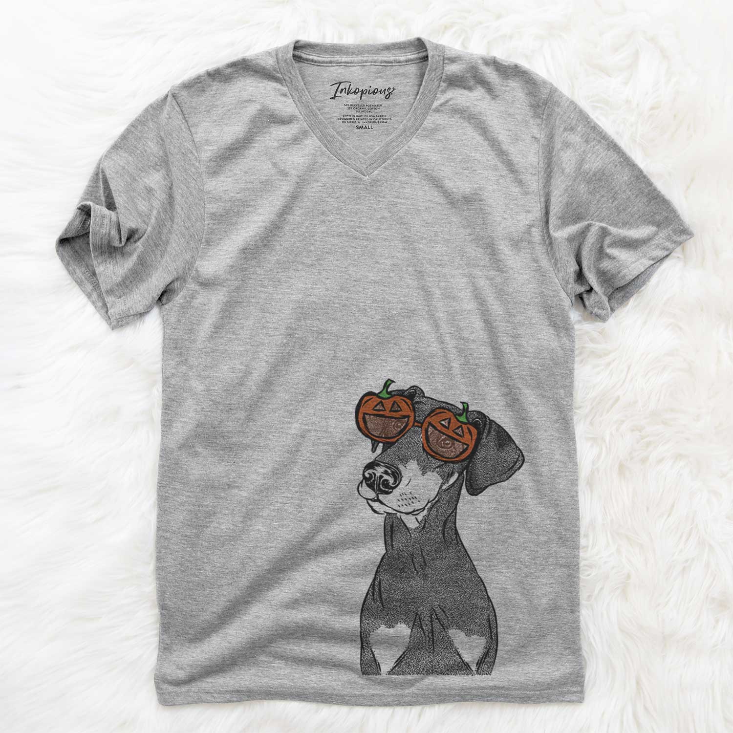 Hand-drawn sketch of Iroh the Doberman Pinscher wearing pumpkin glasses on a Grey pumpkin collection