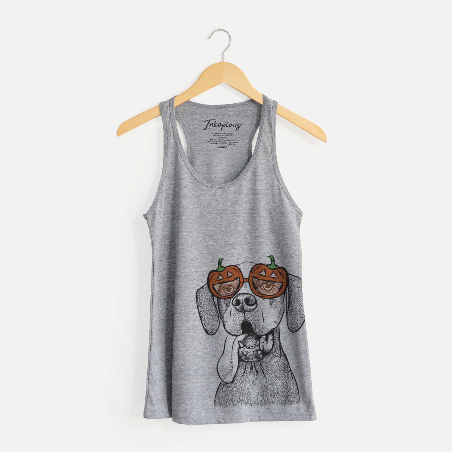 Hand-drawn sketch of Irwin the English Pointer wearing pumpkin glasses on a Grey pumpkin collection