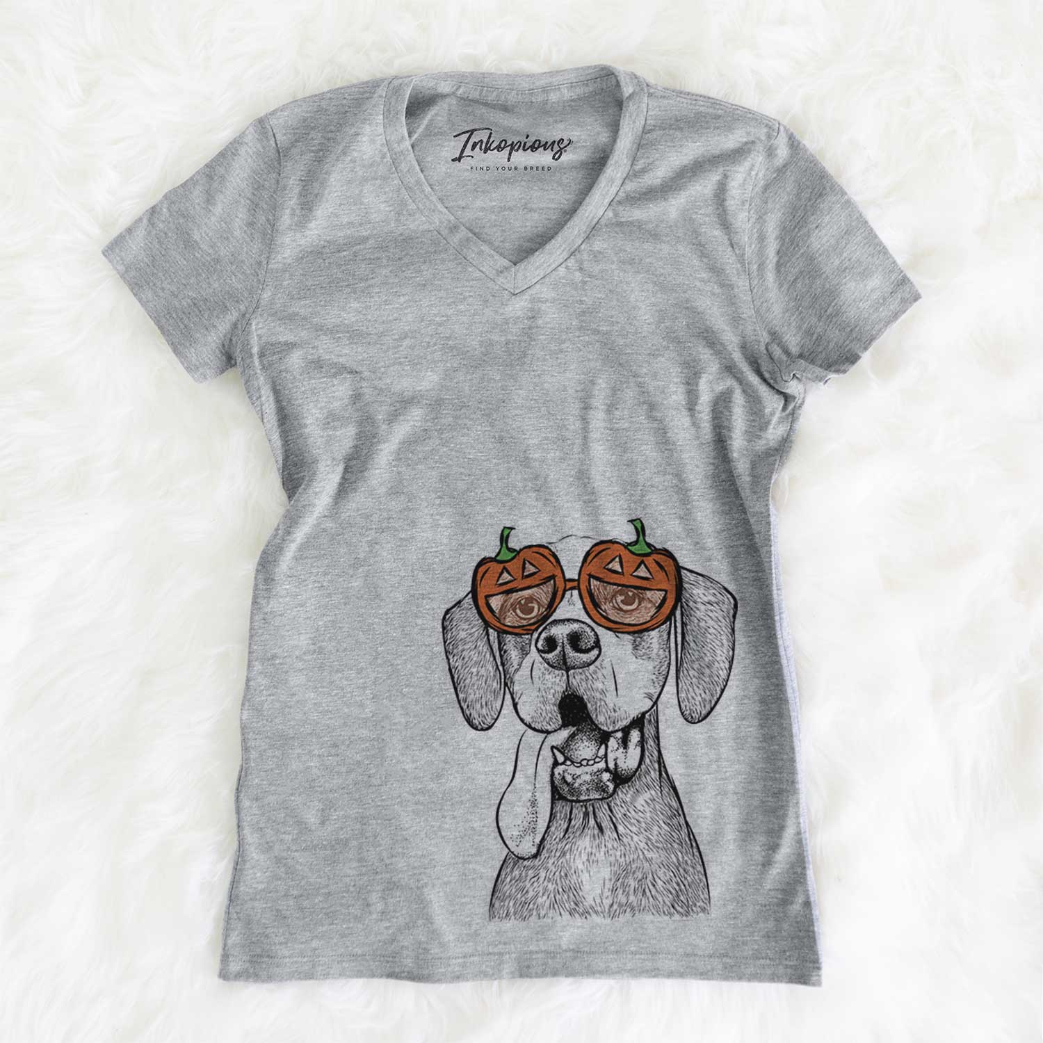Hand-drawn sketch of Irwin the English Pointer wearing pumpkin glasses on a Grey pumpkin collection