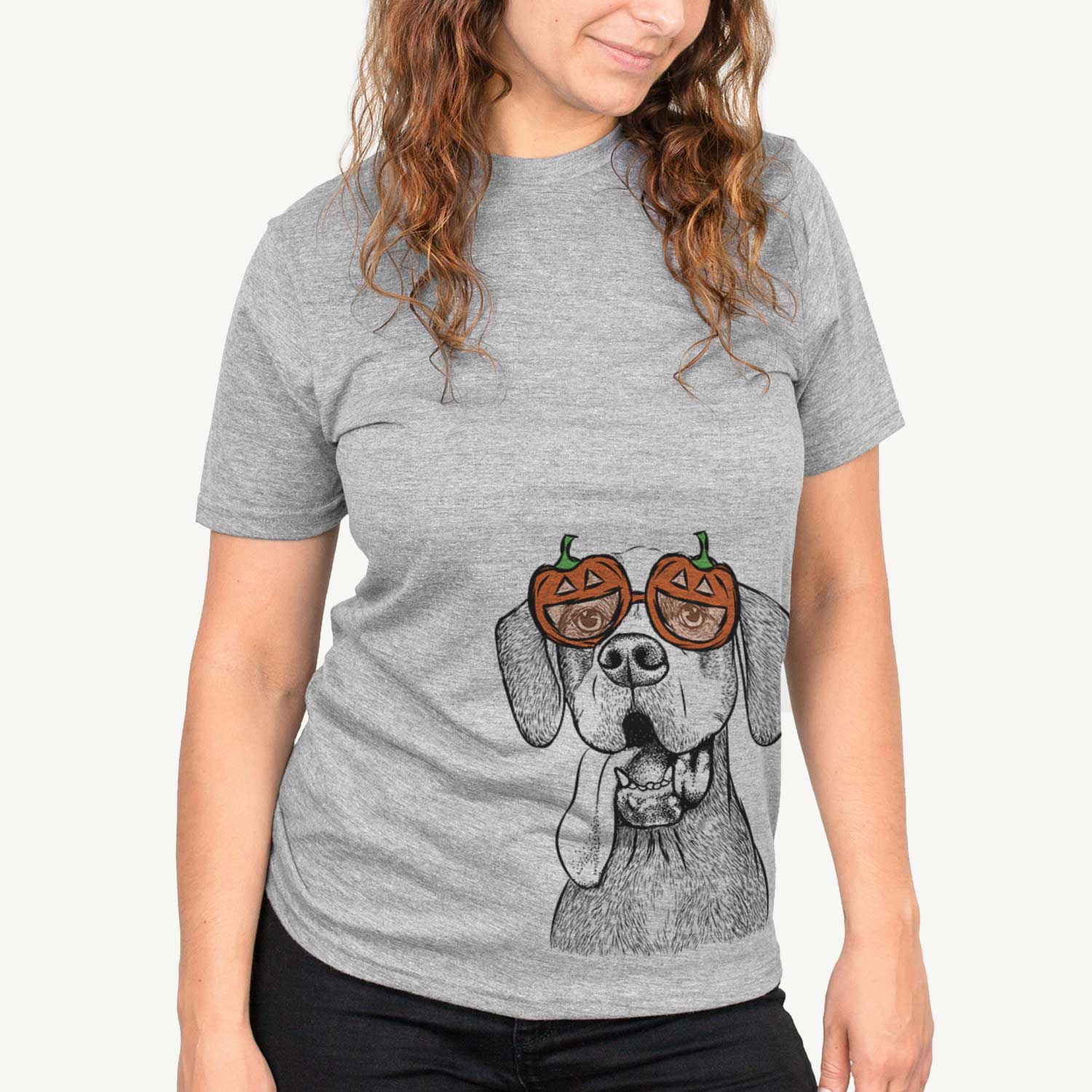 Hand-drawn sketch of Irwin the English Pointer wearing pumpkin glasses on a Grey pumpkin collection