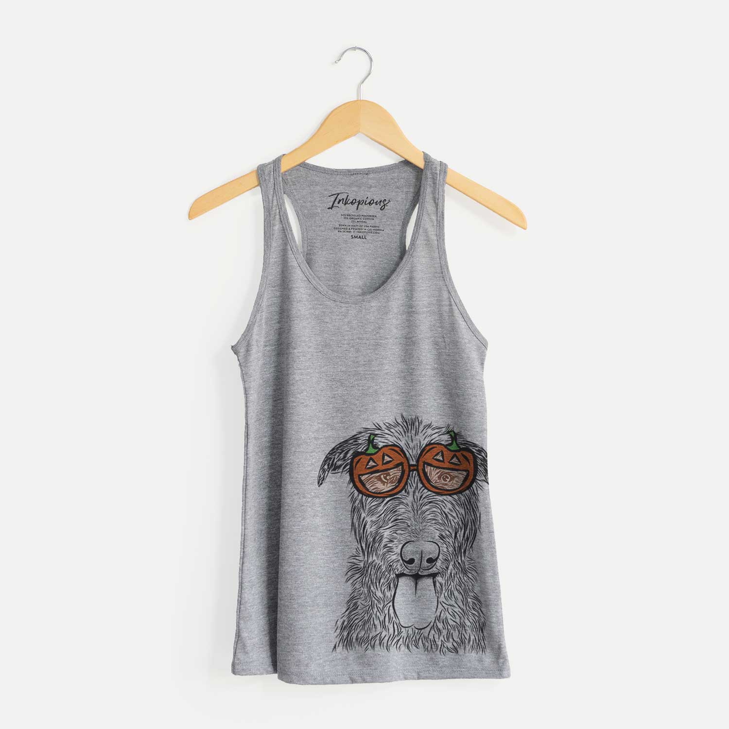 Hand-drawn sketch of Keeva the Irish Wolfhound wearing pumpkin glasses on a Grey pumpkin collection