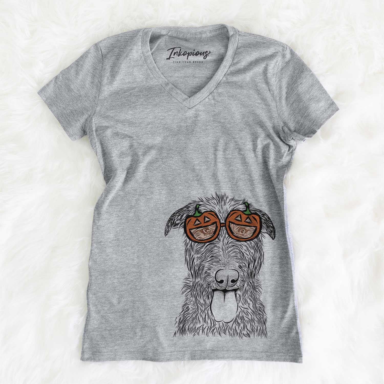 Hand-drawn sketch of Keeva the Irish Wolfhound wearing pumpkin glasses on a Grey pumpkin collection