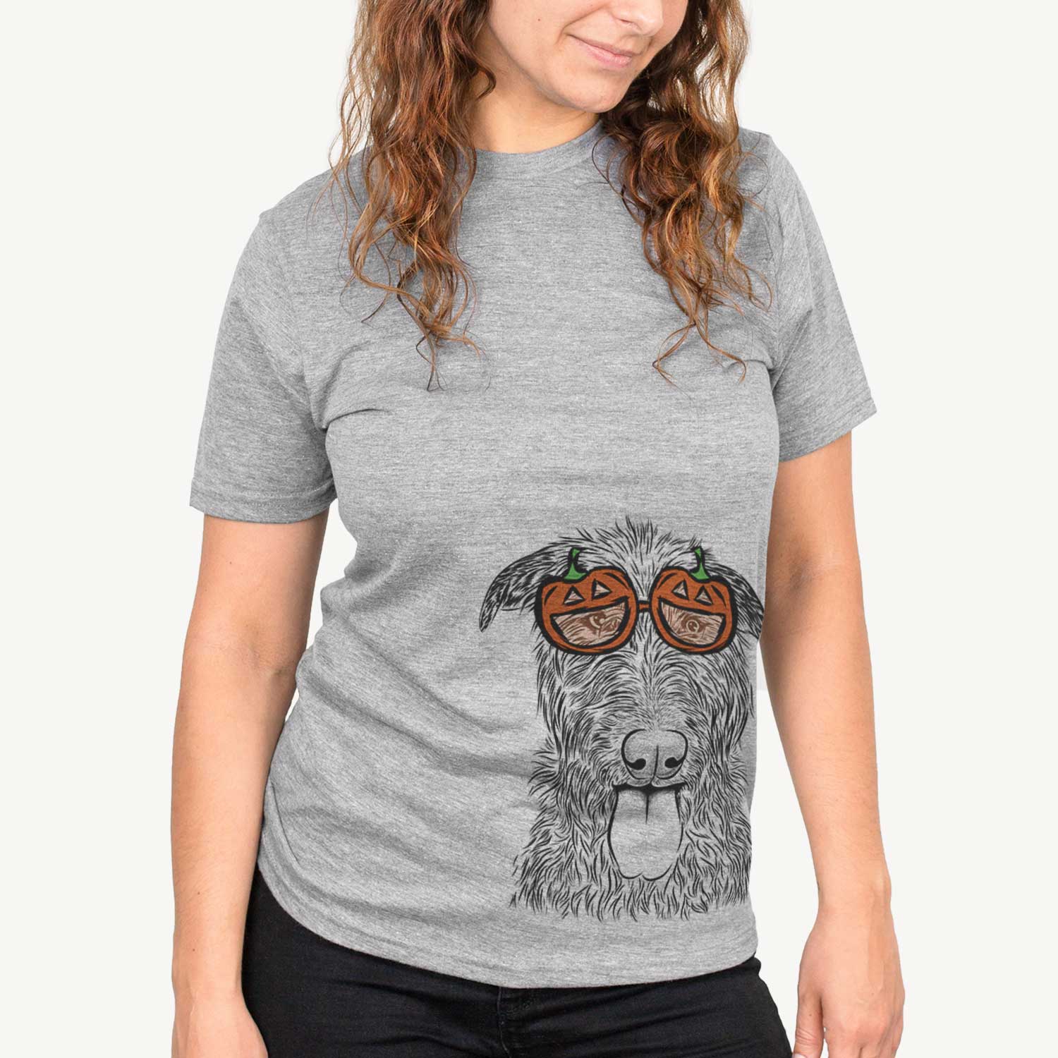 Hand-drawn sketch of Keeva the Irish Wolfhound wearing pumpkin glasses on a Grey pumpkin collection