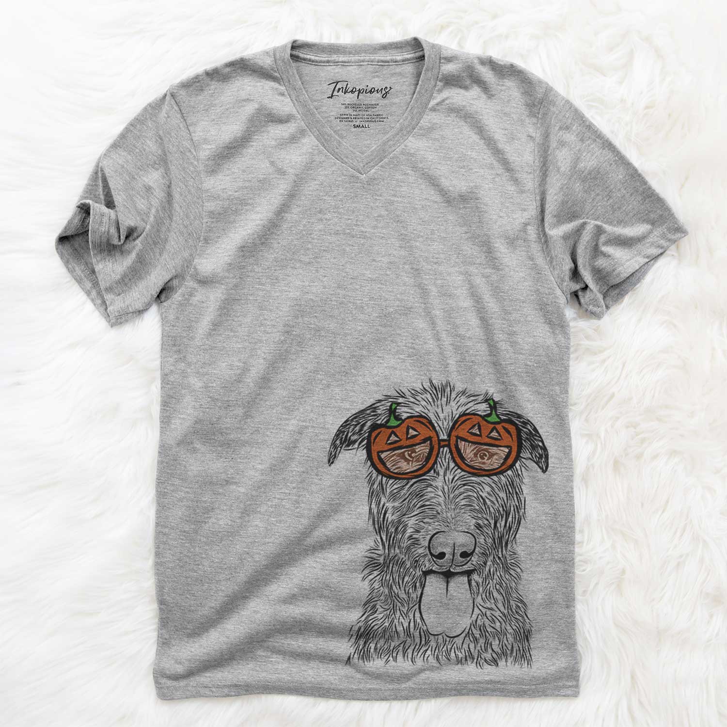 Hand-drawn sketch of Keeva the Irish Wolfhound wearing pumpkin glasses on a Grey pumpkin collection