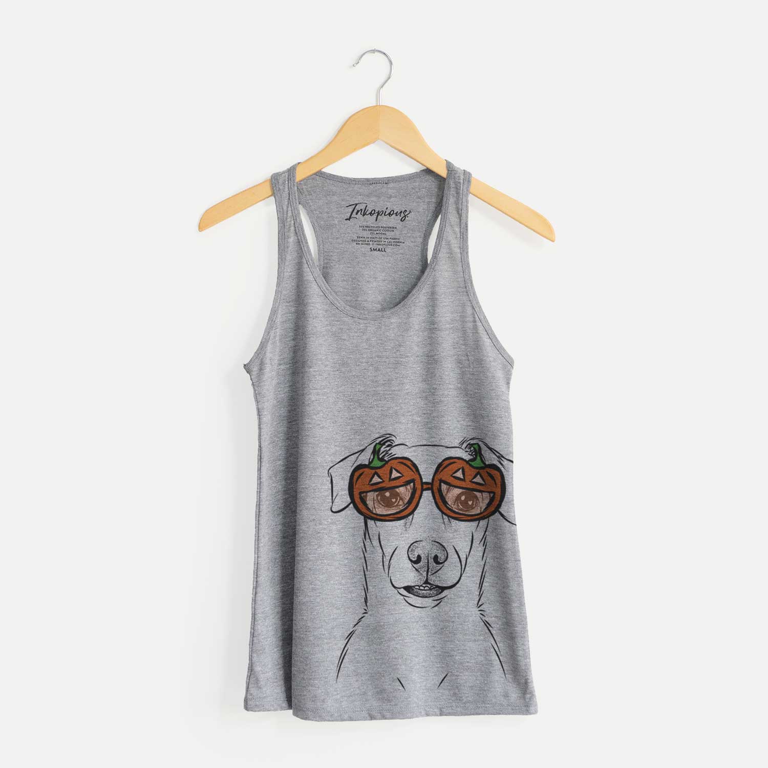 Hand-drawn sketch of Koa the Jack Russell Terrier wearing pumpkin glasses on a Grey pumpkin collection