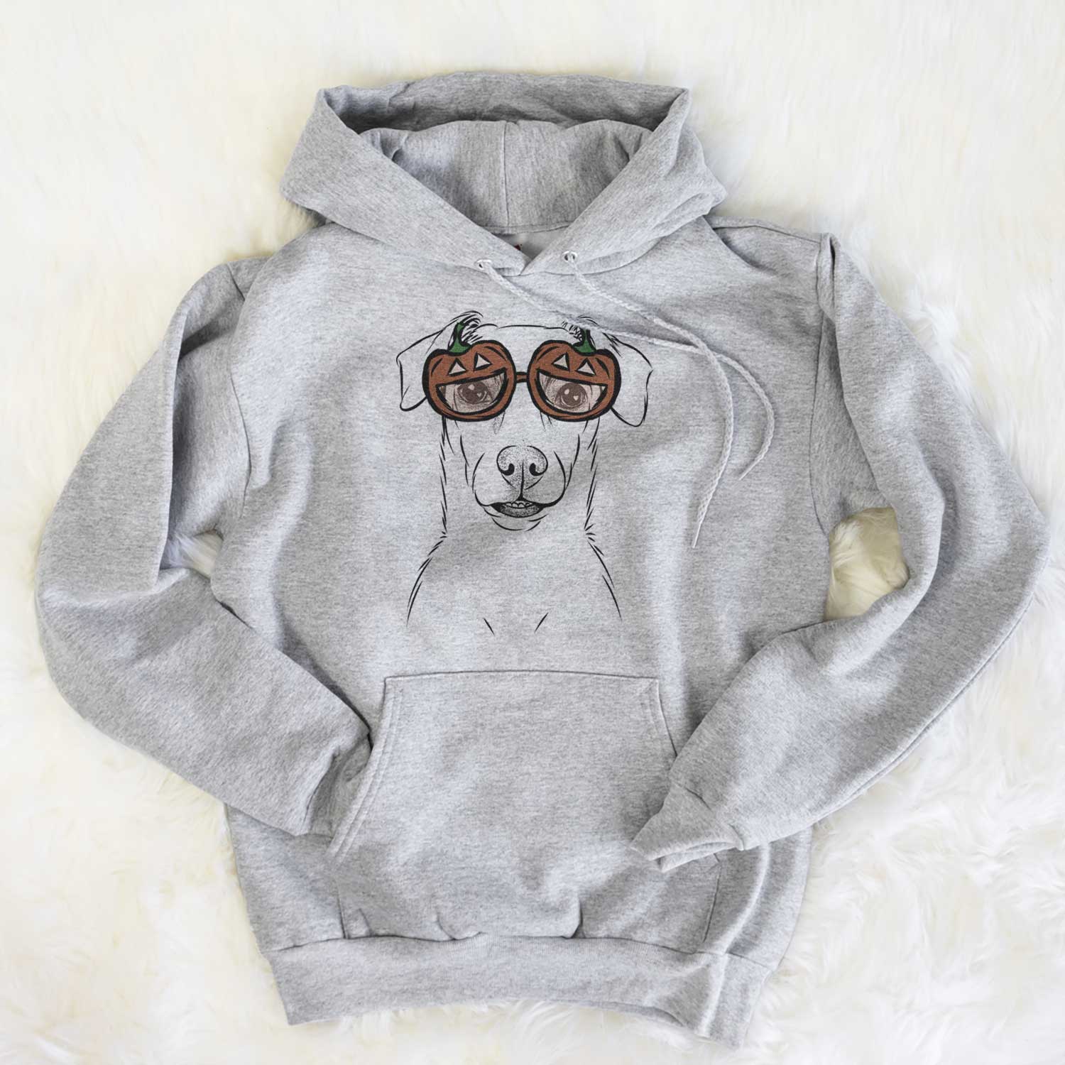 Hand-drawn sketch of Koa the Jack Russell Terrier wearing pumpkin glasses on a Grey pumpkin collection, flat lay