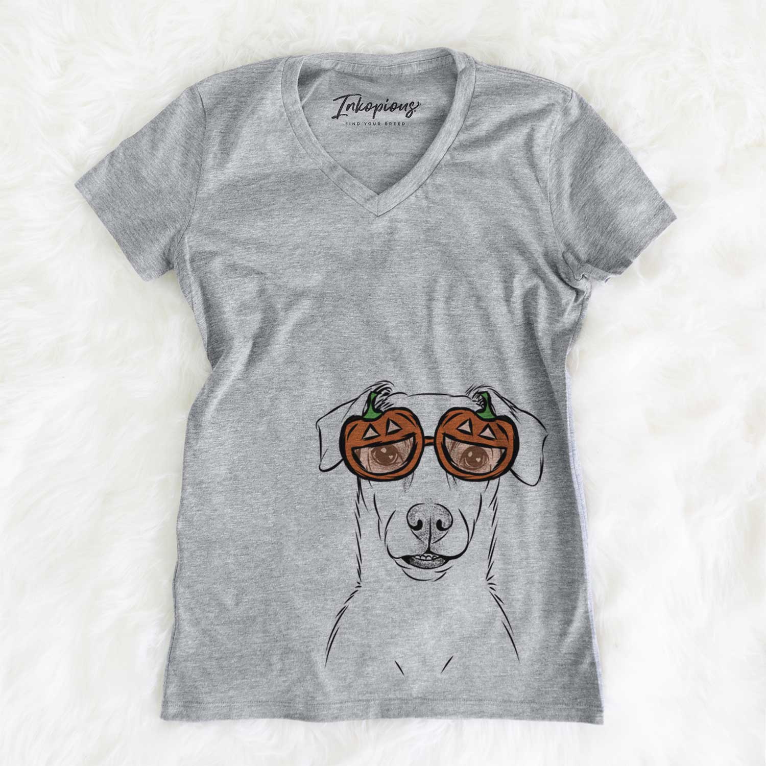 Hand-drawn sketch of Koa the Jack Russell Terrier wearing pumpkin glasses on a Grey pumpkin collection