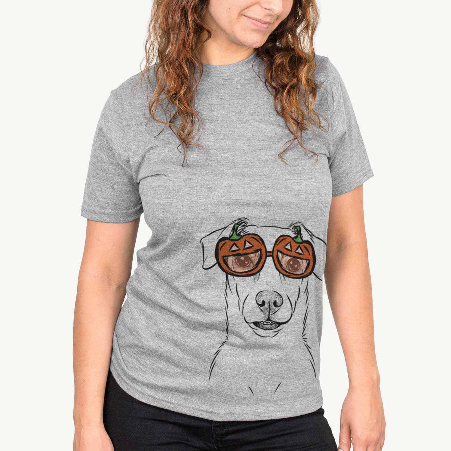 Hand-drawn sketch of Koa the Jack Russell Terrier wearing pumpkin glasses on a Grey pumpkin collection