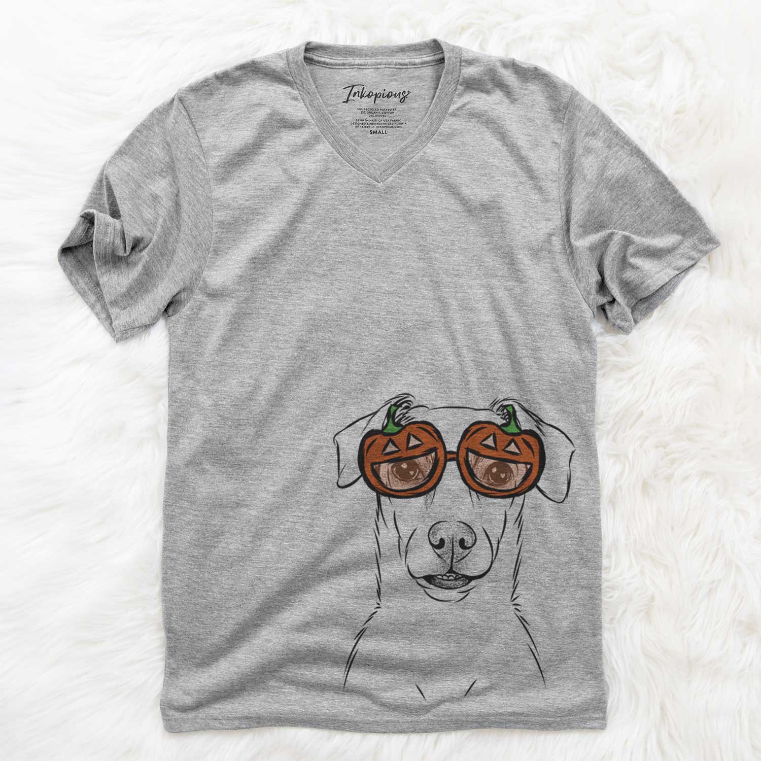 Hand-drawn sketch of Koa the Jack Russell Terrier wearing pumpkin glasses on a Grey pumpkin collection