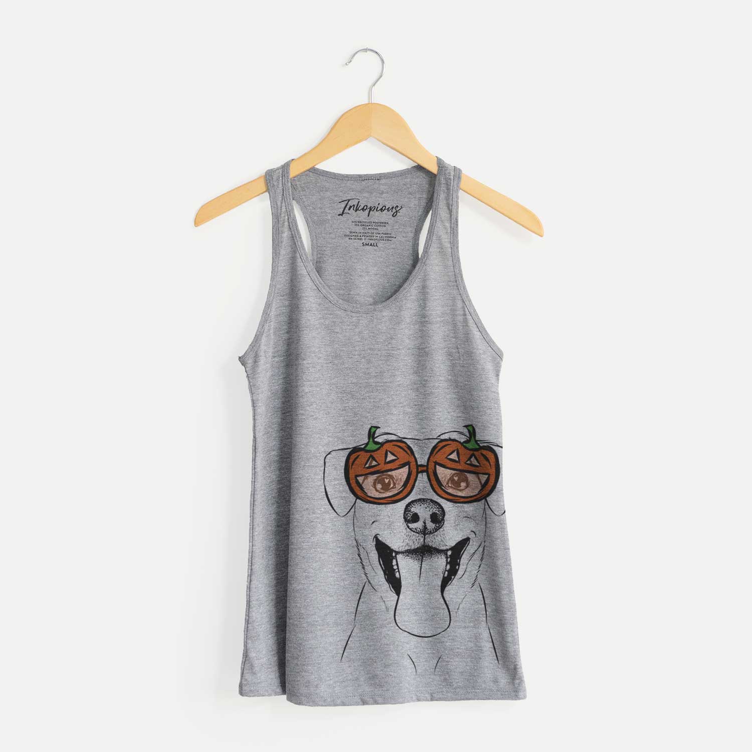 Hand-drawn sketch of Lily Estelle the Mixed Breed wearing pumpkin glasses on a Grey pumpkin collection