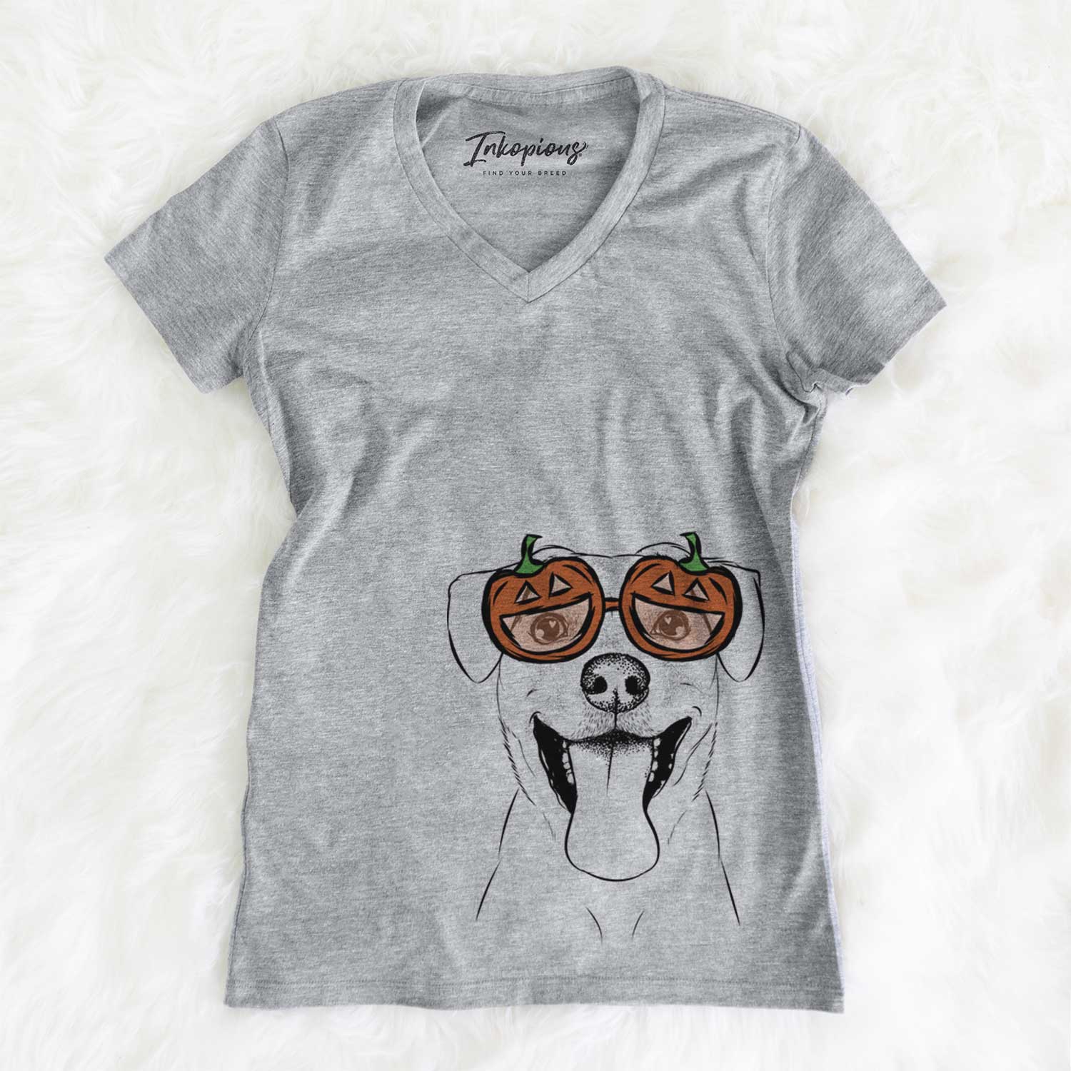 Hand-drawn sketch of Lily Estelle the Mixed Breed wearing pumpkin glasses on a Grey pumpkin collection