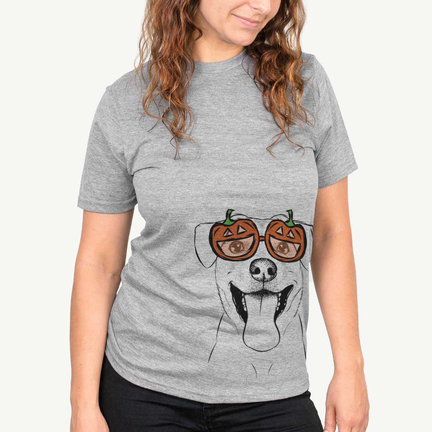 Hand-drawn sketch of Lily Estelle the Mixed Breed wearing pumpkin glasses on a Grey pumpkin collection