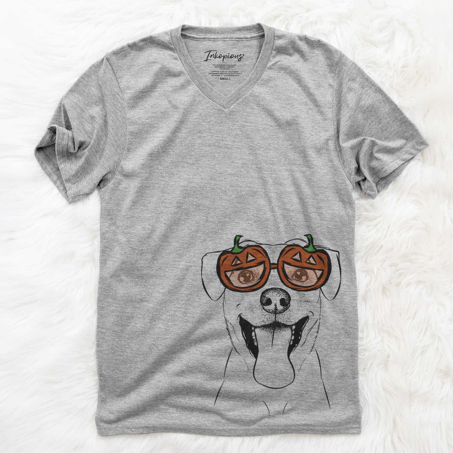 Hand-drawn sketch of Lily Estelle the Mixed Breed wearing pumpkin glasses on a Grey pumpkin collection