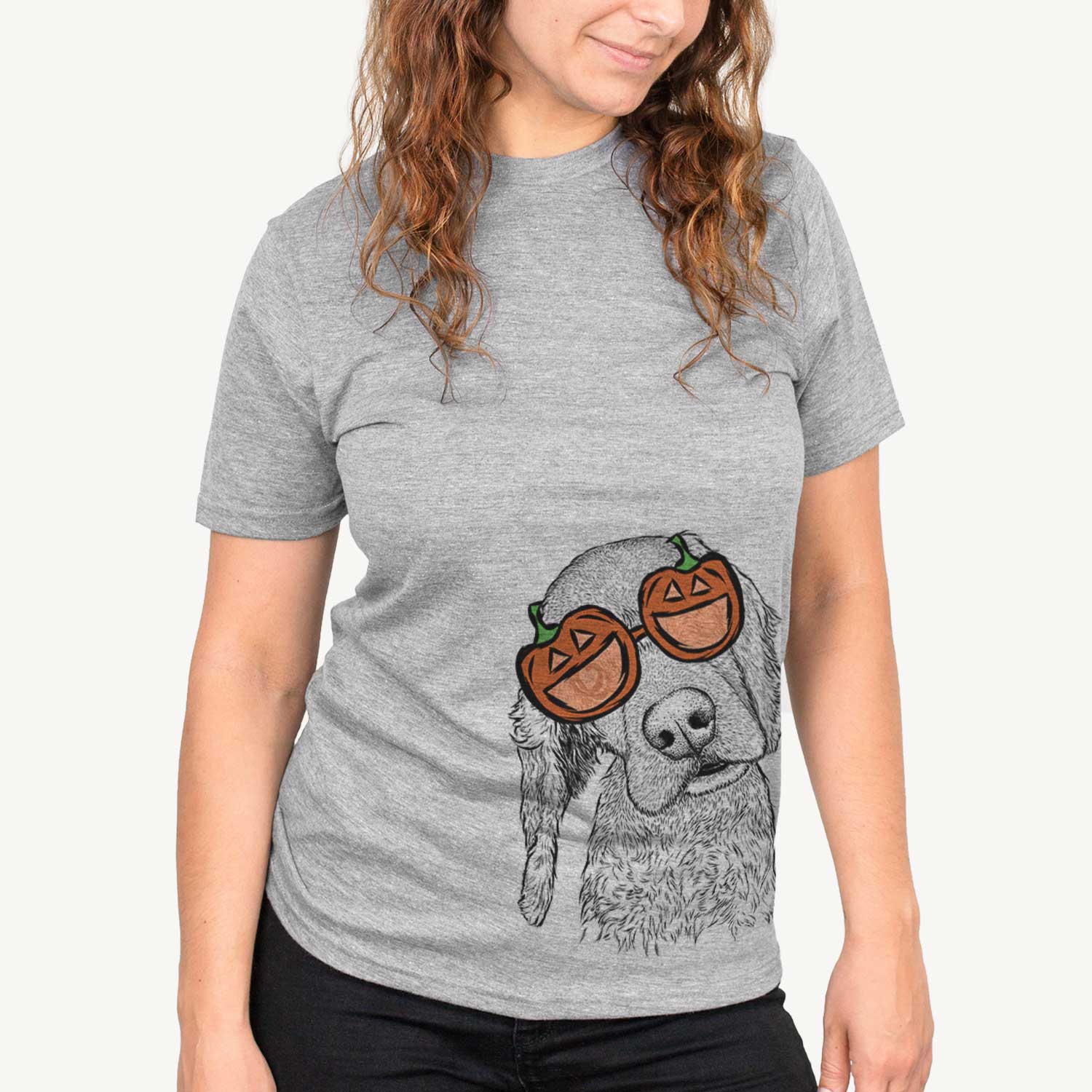 Hand-drawn sketch of Mambo #5 the Cocker Spaniel wearing pumpkin glasses on a Grey pumpkin collection