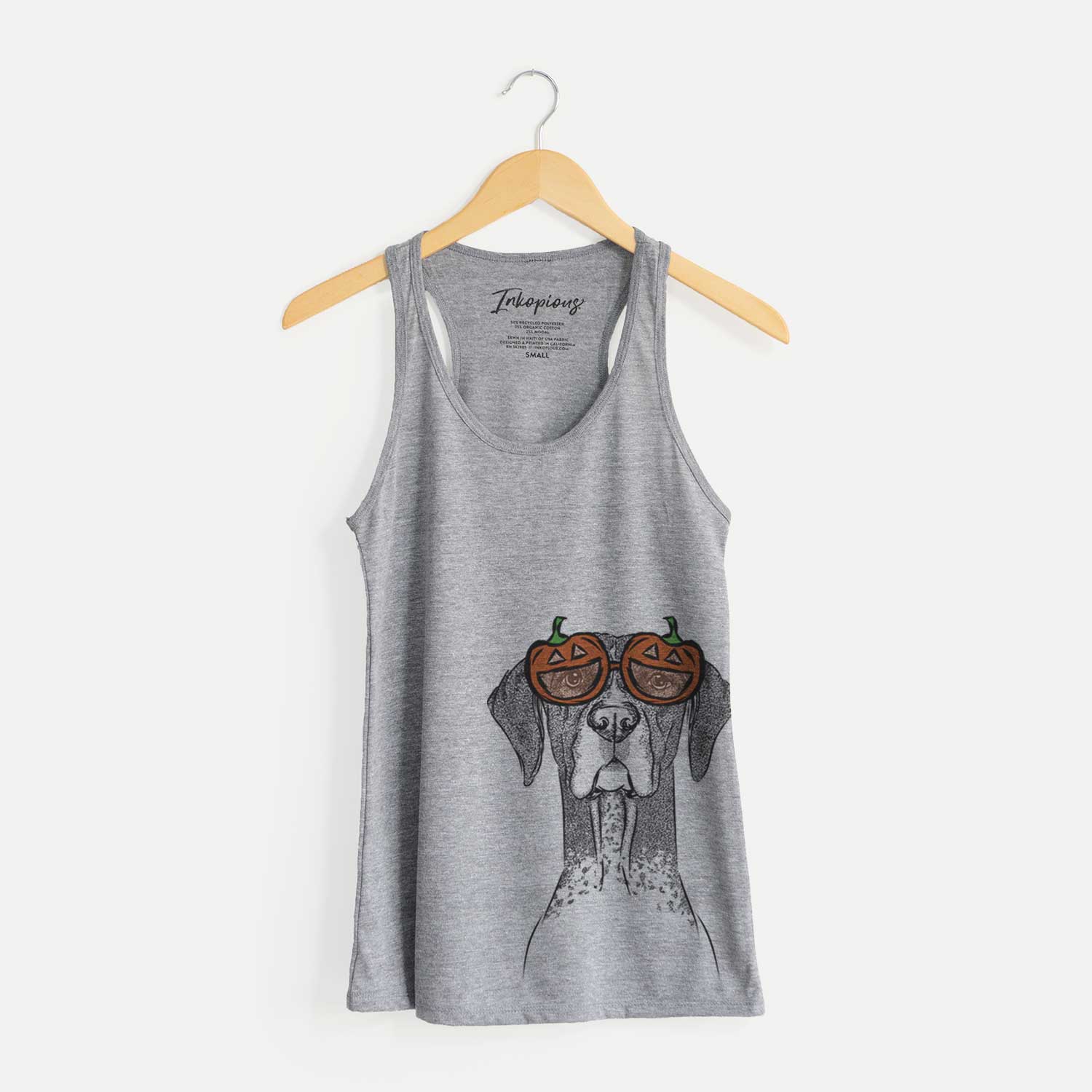 Hand-drawn sketch of Mattis the German Shorthaired Pointer wearing pumpkin glasses on a Grey pumpkin collection