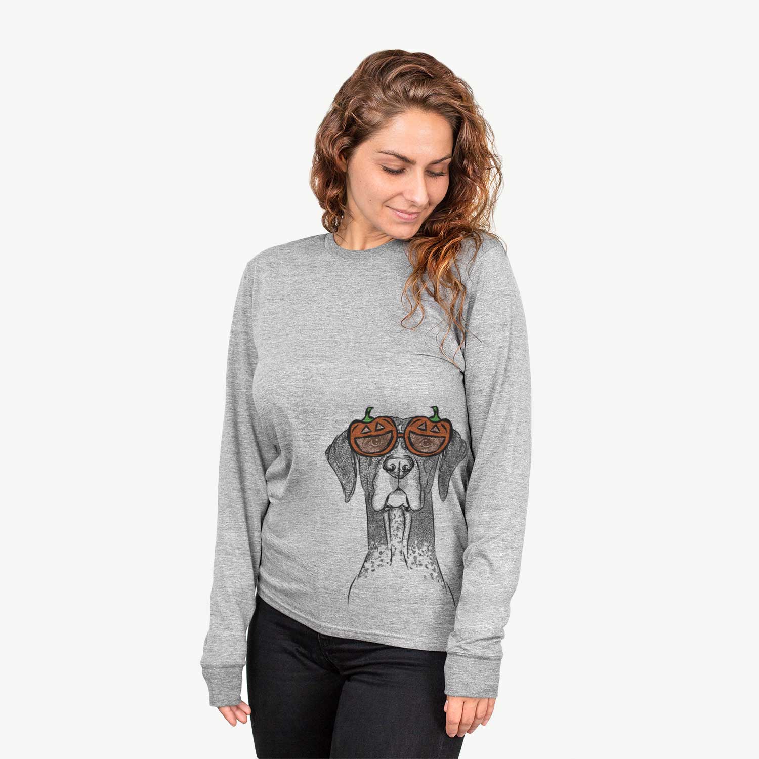 Hand-drawn sketch of Mattis the German Shorthaired Pointer wearing pumpkin glasses on a Grey pumpkin collection